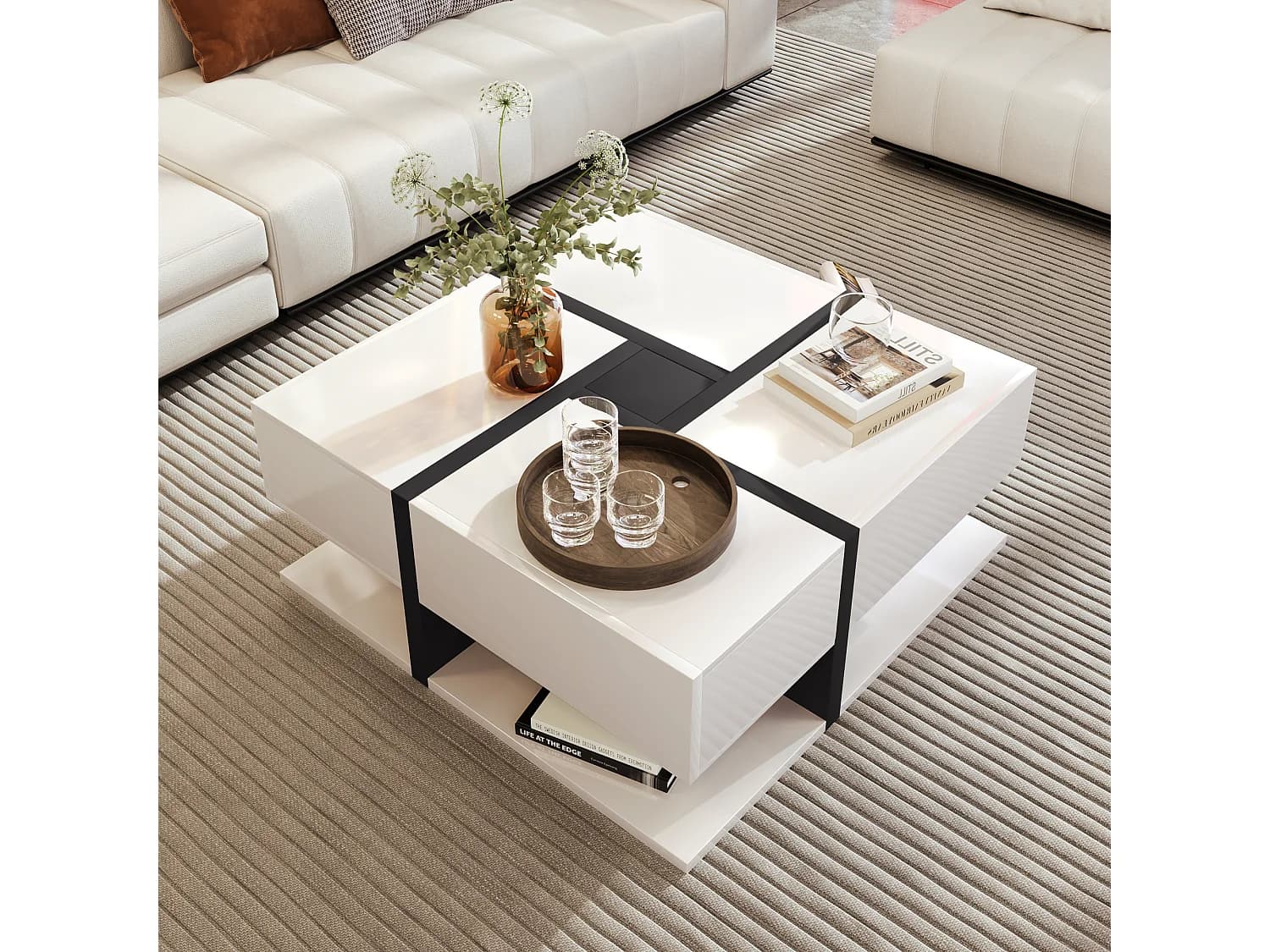 Table basse laquée brillante avec 4 tiroirs - Bois PB - Blanc et noir