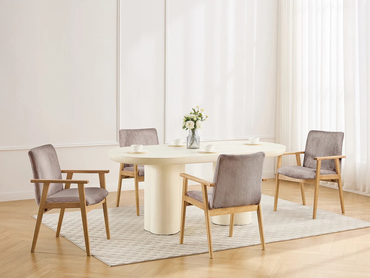 Lot de 2 chaises avec accoudoirs en velours côtelé et bois d'hévéa - Taupe - FILDON