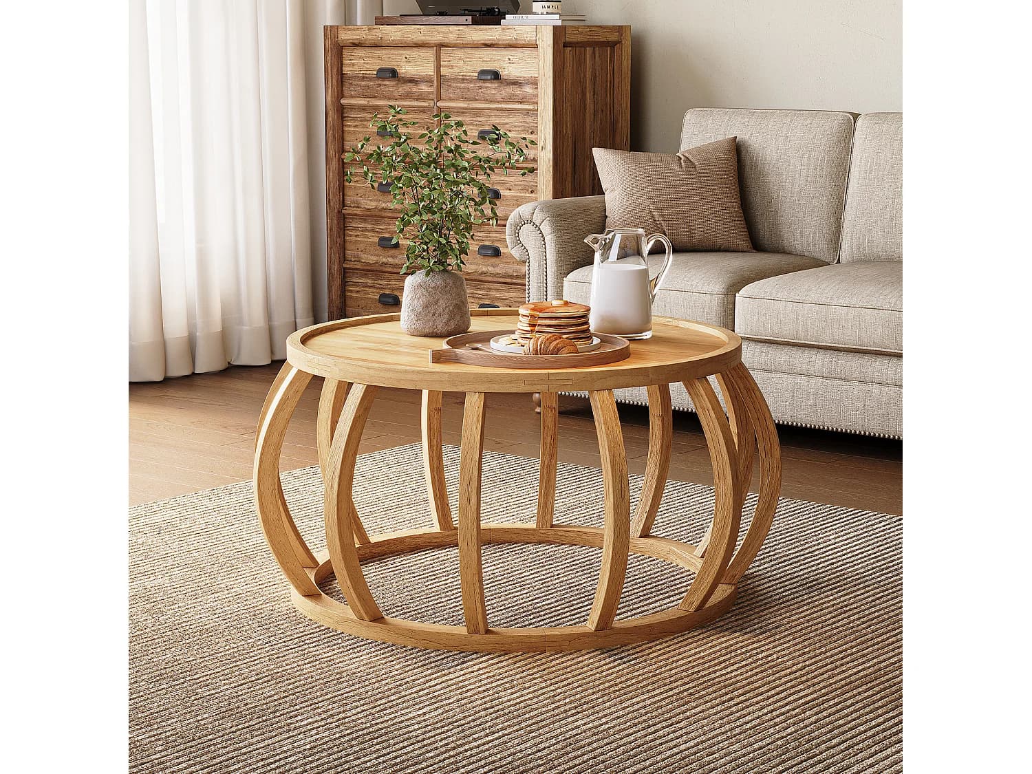 Table basse ronde en bois massif de 80 cm avec piètement incurvé