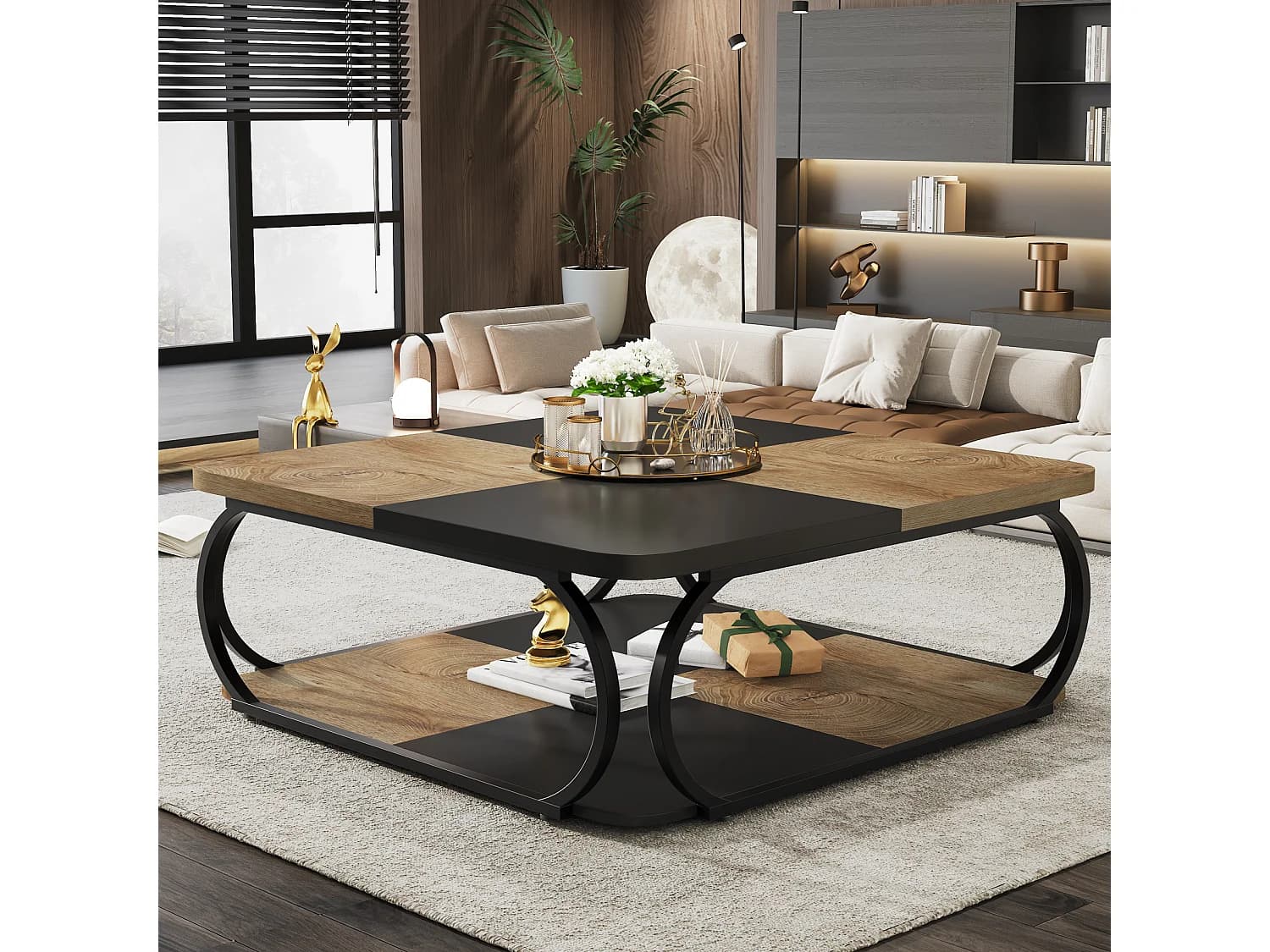 Table basse carrée avec étagère de rangement ouverte pour salon, 2 niveaux, noir et marron clair
