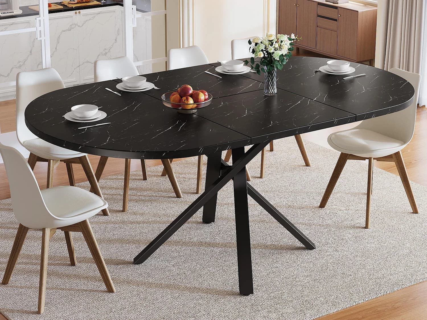 Table à manger ronde extensible - aspect marbre - 100-140 x 75,5 cm - Pieds de table en métal - noir