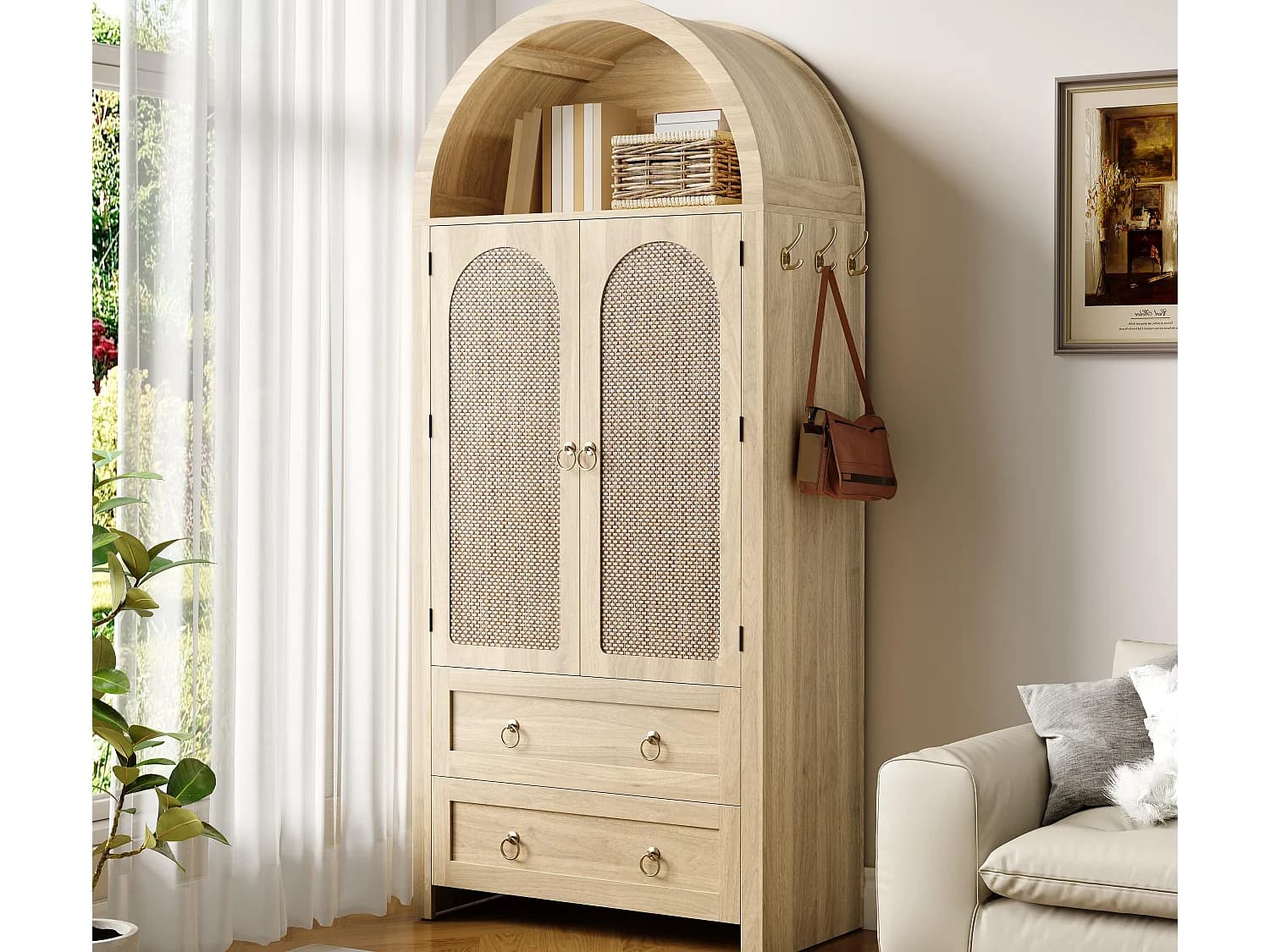 Buffet haute en rotin 80x40x180 cm - 2 tiroirs et 2 portes - Style vintage - avec crochets - Étagères réglables - MDF - Naturel