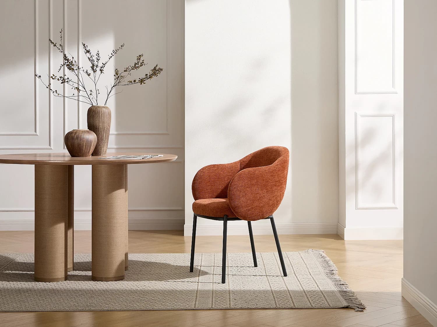 Lot de 2 chaises avec accoudoirs en tissu texturé et métal noir - Terracotta - ACACILIO