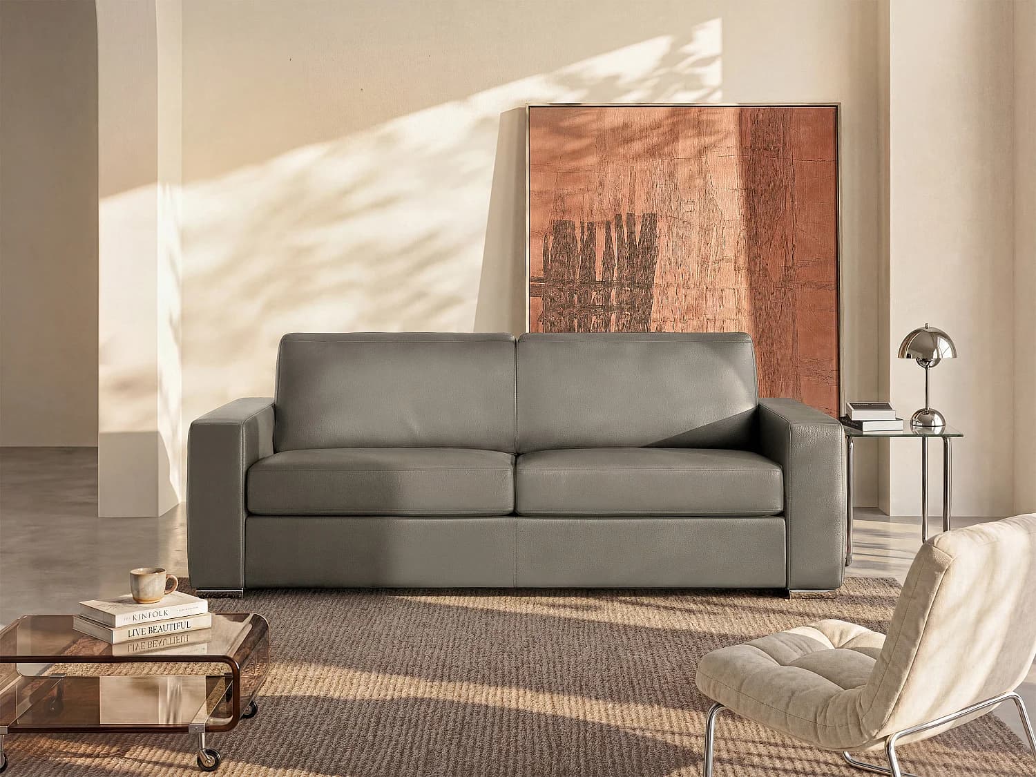 Canapé 3 places convertible express en cuir de buffle taupe - Couchage à lattes larges 140 cm - Matelas 14 cm CALITO