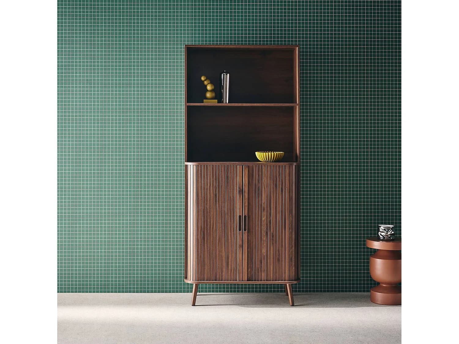 Etagère bibliothèque scandinave. 2 portes coulissantes. 4 niveaux. effet bois rainuré. L 80 x P 45 x H 180cm