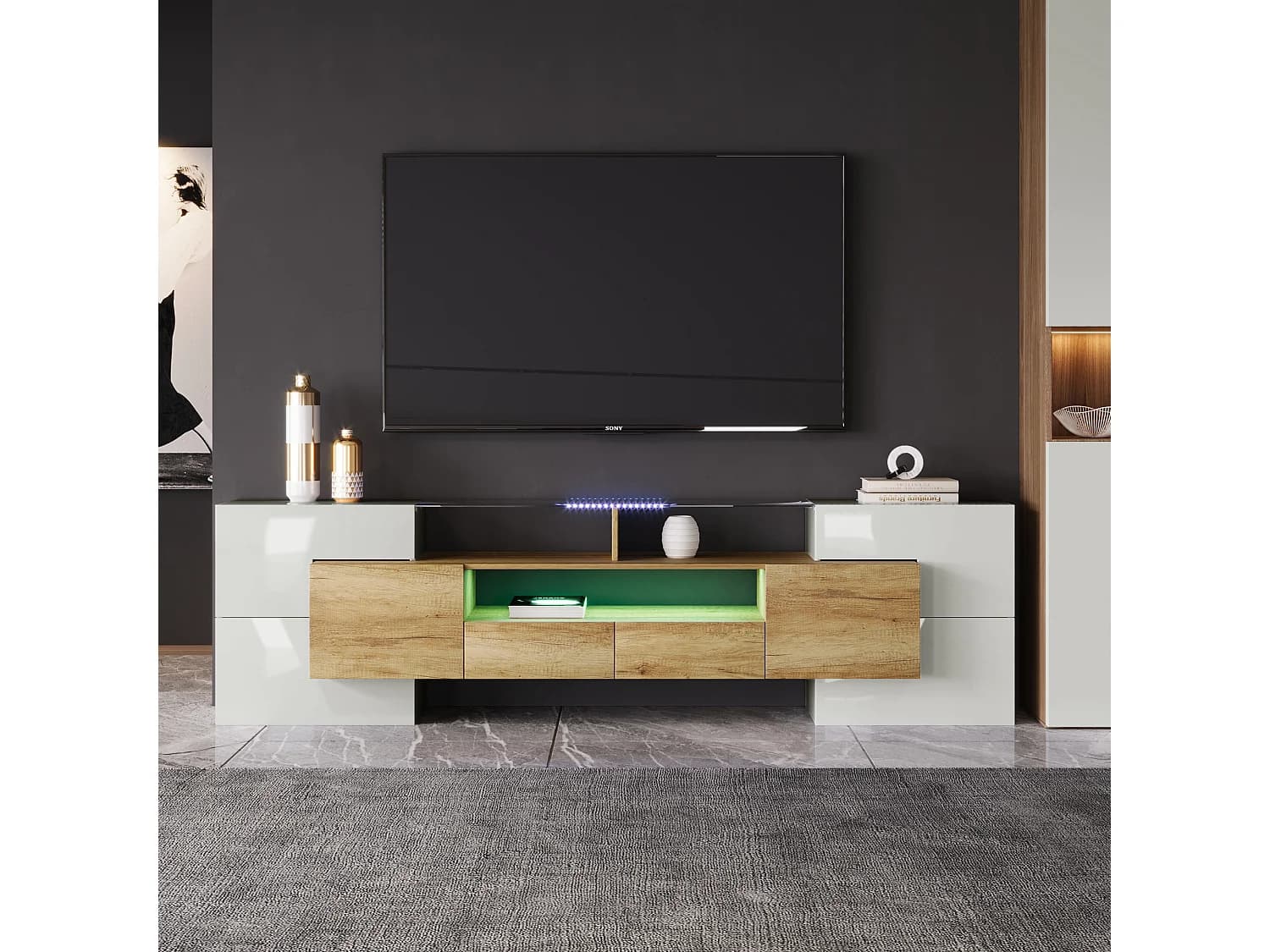 Meuble TV avec LED, 6 portes et 2 tiroirs - Plateau en verre - Blanc et bois