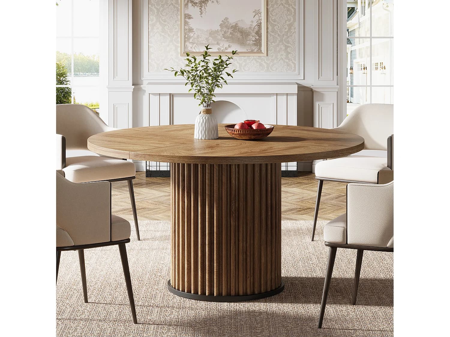 Table de salle à manger ronde pour 4 à 6 personnes, 120 cm, style moderne, avec piètement rond cannelé.