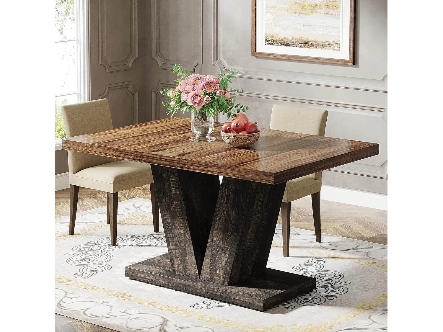 Table à manger pour 4 personnes, tables de salle à manger modernes, table de cuisine rectangulaire avec pied en V