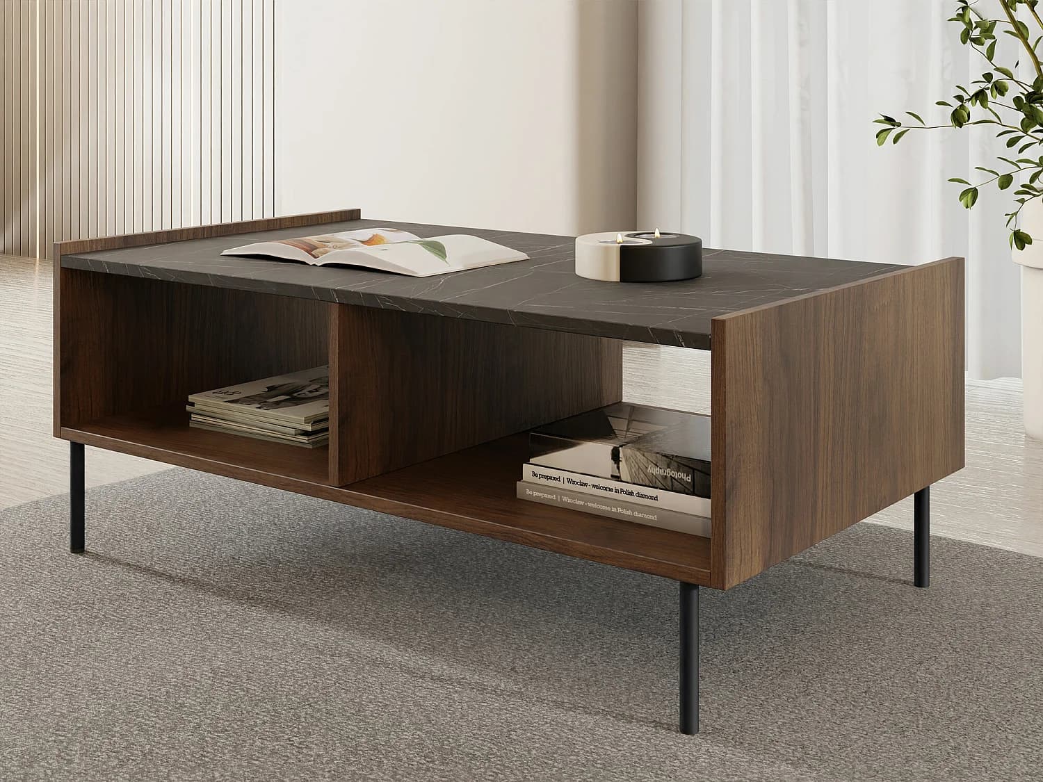 Table basse Comfivo Belviro, Marbre noir|Noyer, 39x60x97cm, Stratifié, Angulaire