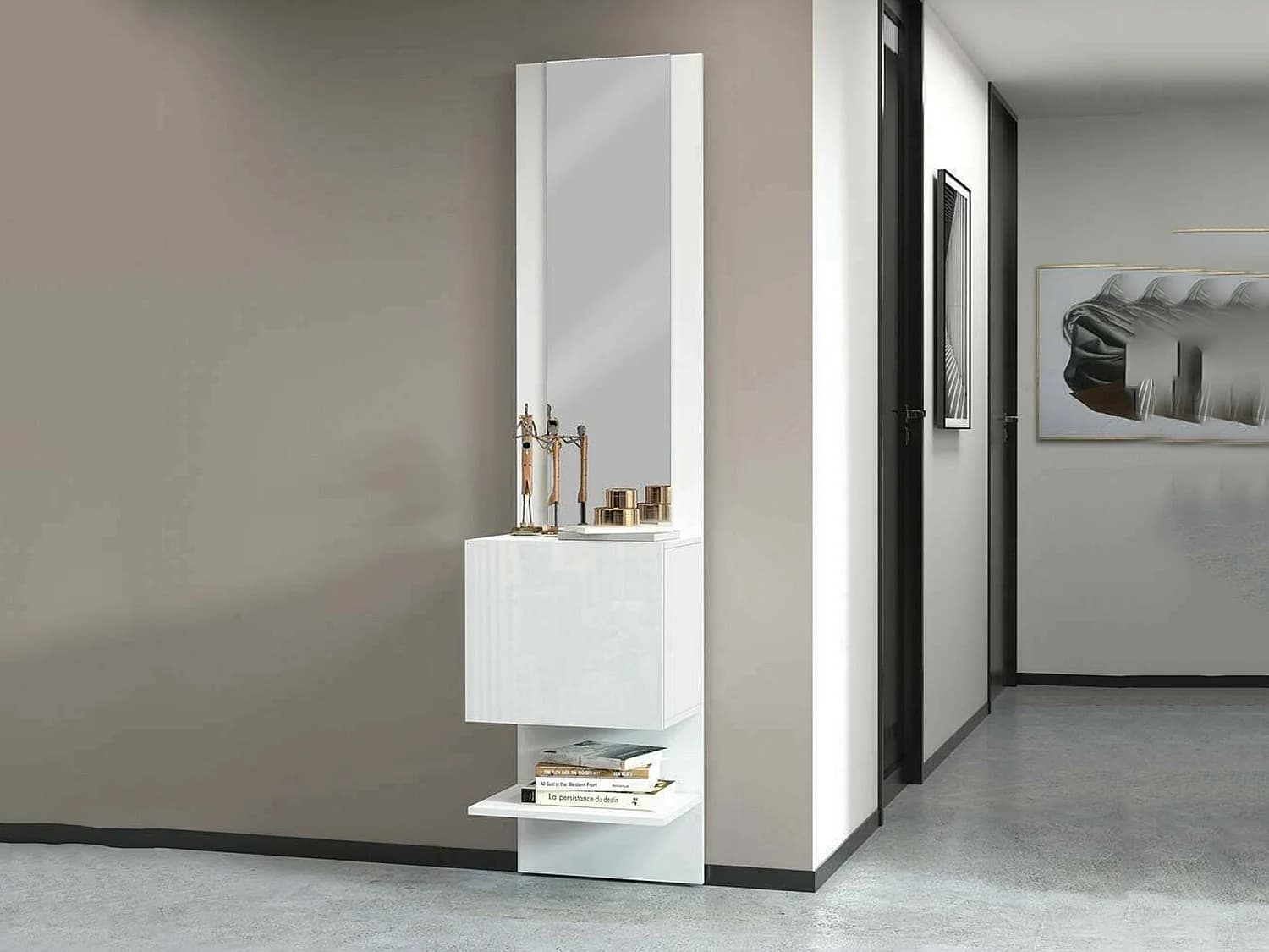 Meuble d'entrée Vitale, Armoire multifonctionnelle avec miroir, Étagère à chaussures avec 1 porte, 45x35h190 cm, Blanc
