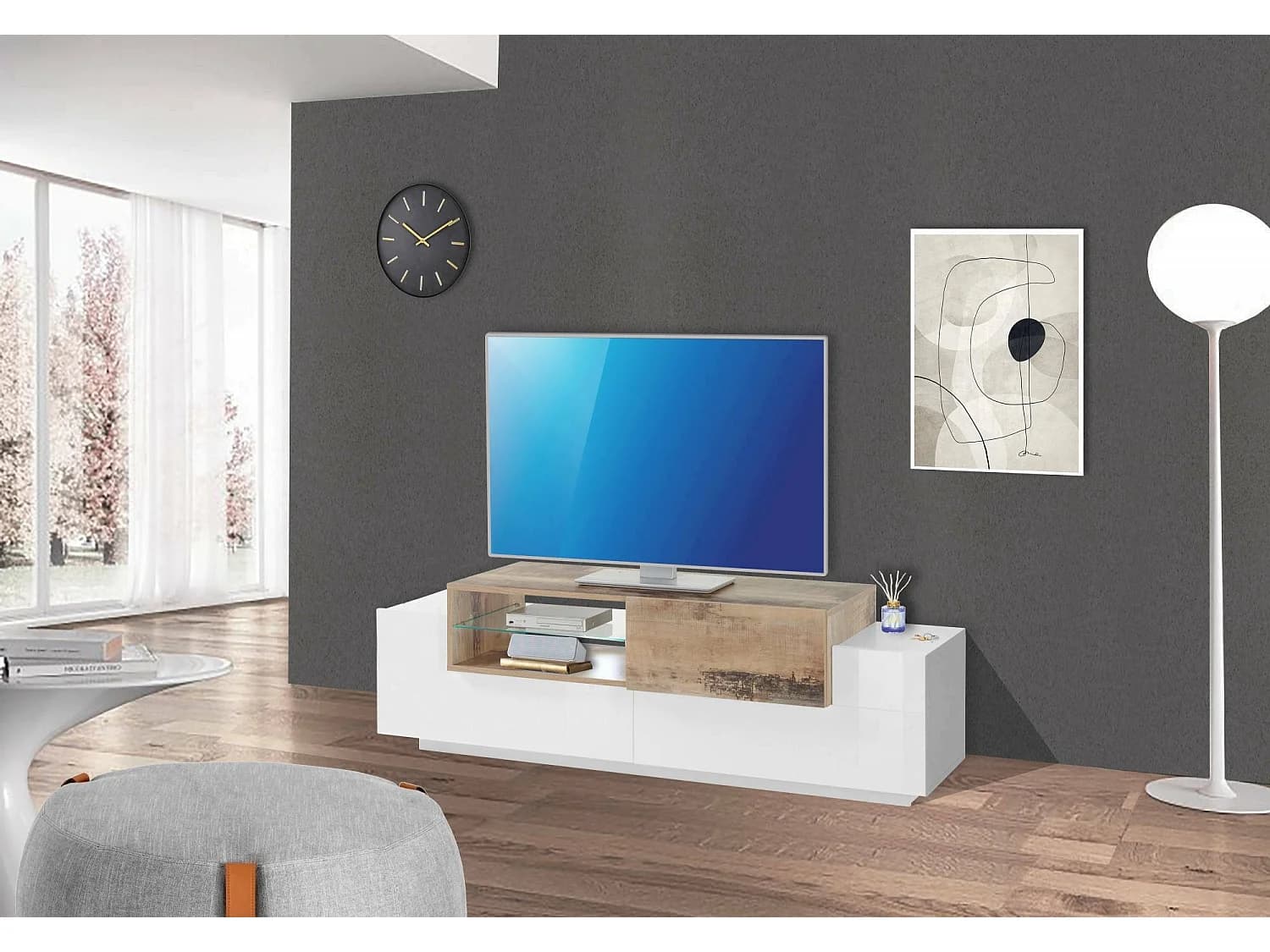 Meuble TV Dlodrin, Buffet bas de salon, Base pour meuble TV, 100% Made in Italy, 160x45h51 cm, Blanc brillant et Érable