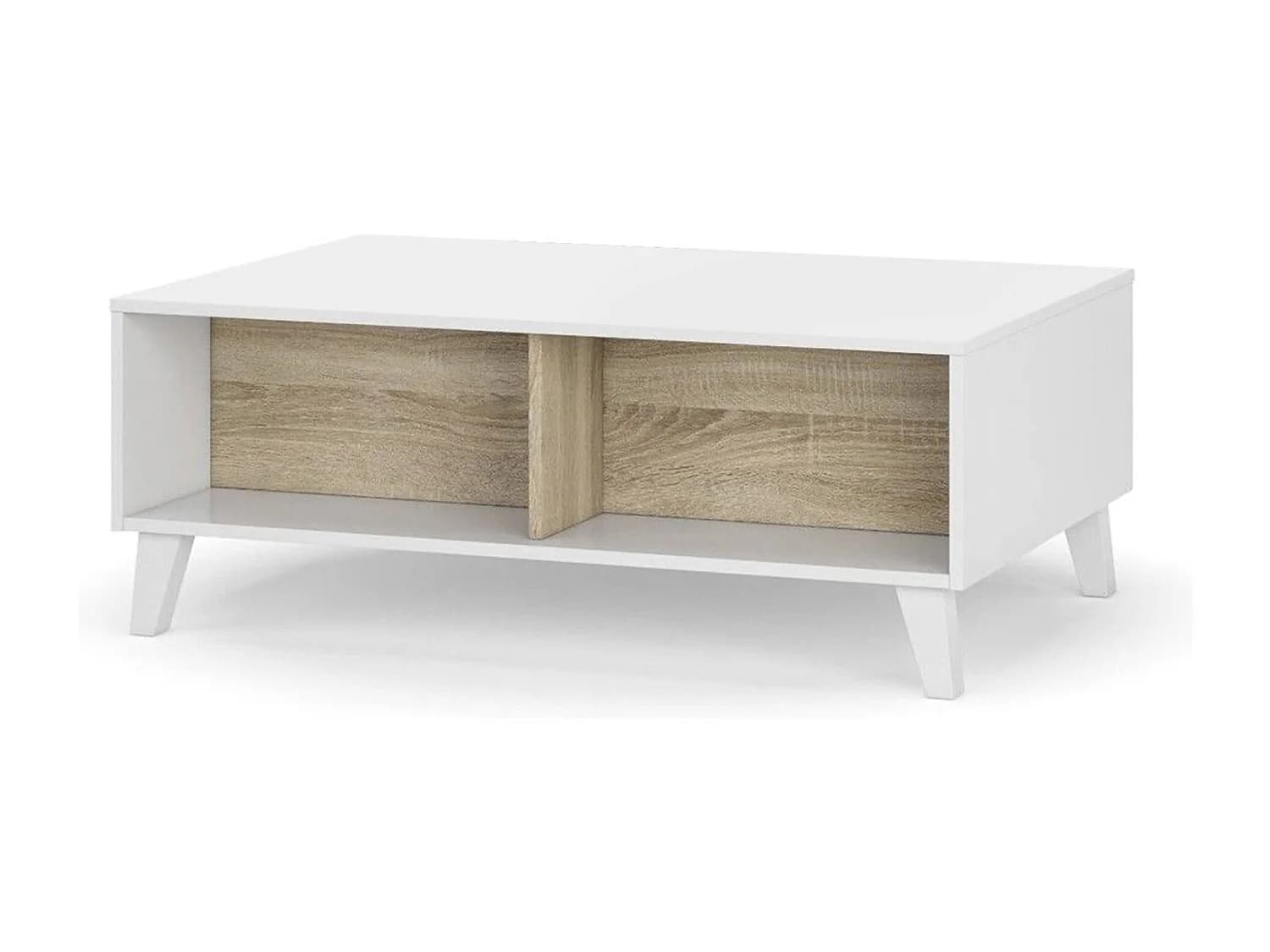 Table basse Dgattus, Table basse avec plateau élévateur, Table basse de salon, 100x68h38 cm, Blanc brillant et chêne