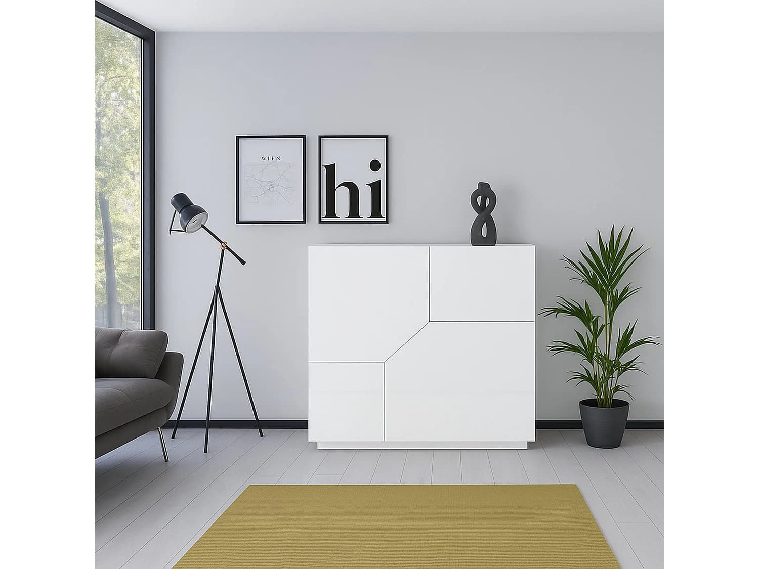 Buffet Dceesa, Buffet de cuisine avec 2 portes géométriques, Buffet de salon, Buffet de cuisine, 100% Made in Italy, 79x43h86 cm, Blanc brillant