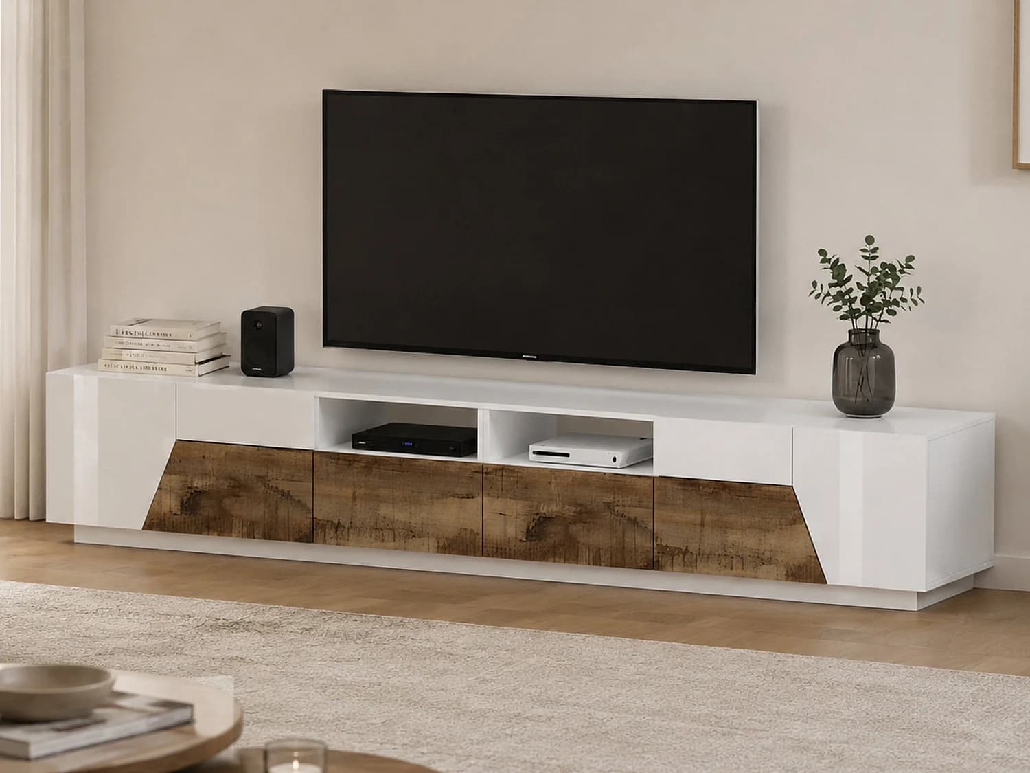Meuble TV Dfagiol, Buffet bas de salon avec 4 portes, Base pour meuble TV, 100% Made in Italy, 260x43h46 cm, Blanc brillant et érable