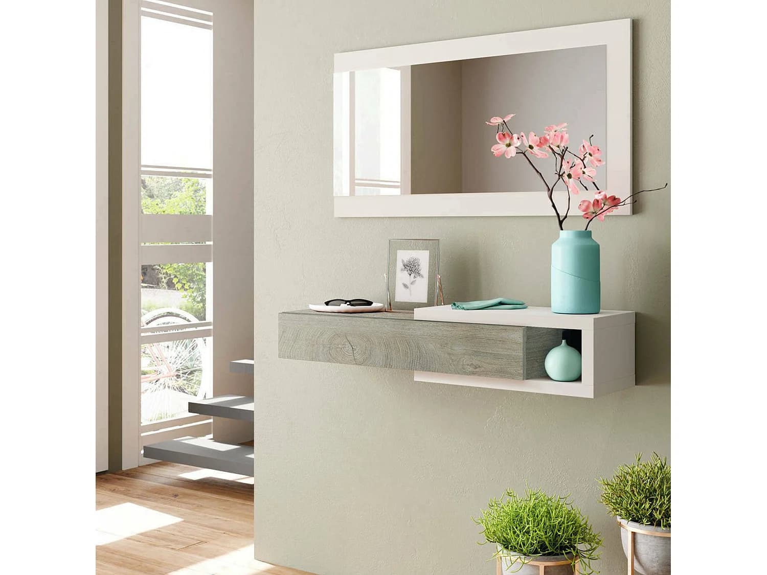 Meuble d'entrée Mcallen, Entrée réversible avec miroir, Meuble d'entrée avec tiroir, Plateau de poche pour appartements, 95x26h69 cm, Blanc et Chêne