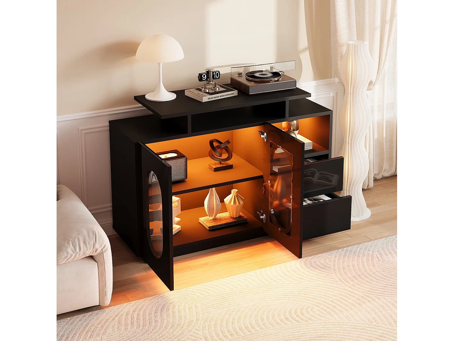 Buffet, éclairage LED intégré, portes vitrées ovales, bois d’ingénierie, noir (120x40x80cm)