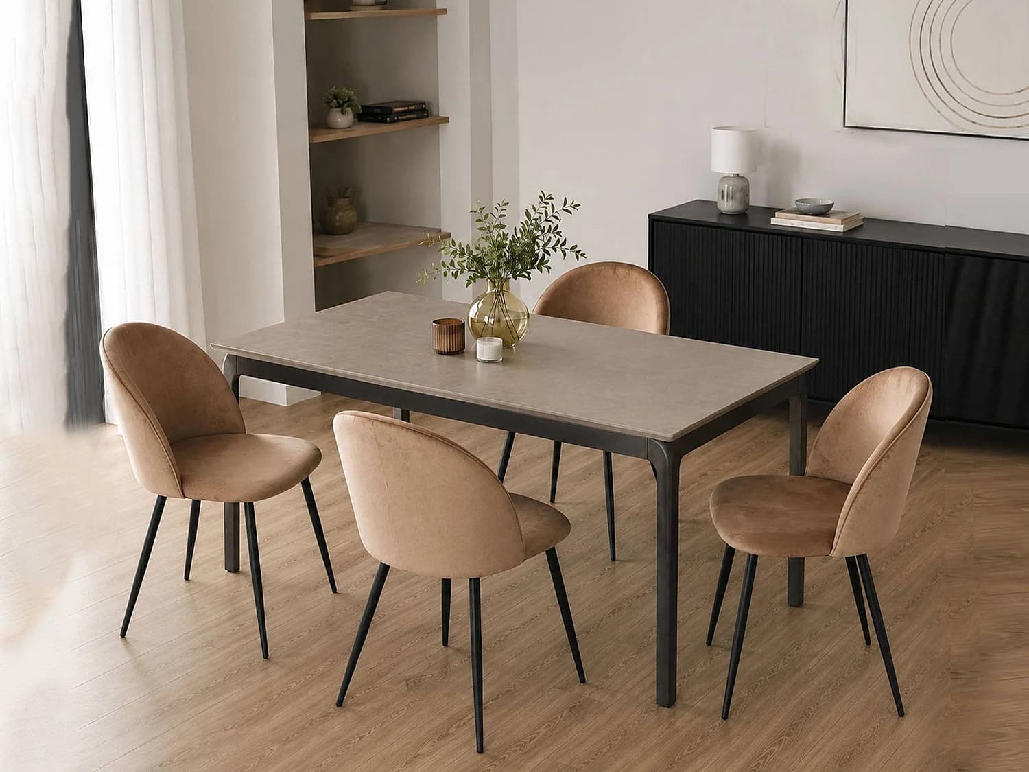 Ensemble de 4 chaises Stinson, Fauteuil recouvert de velours, Chaise de salle à manger rembourrée, Siège de réunion, 51x54h82 cm, Sable