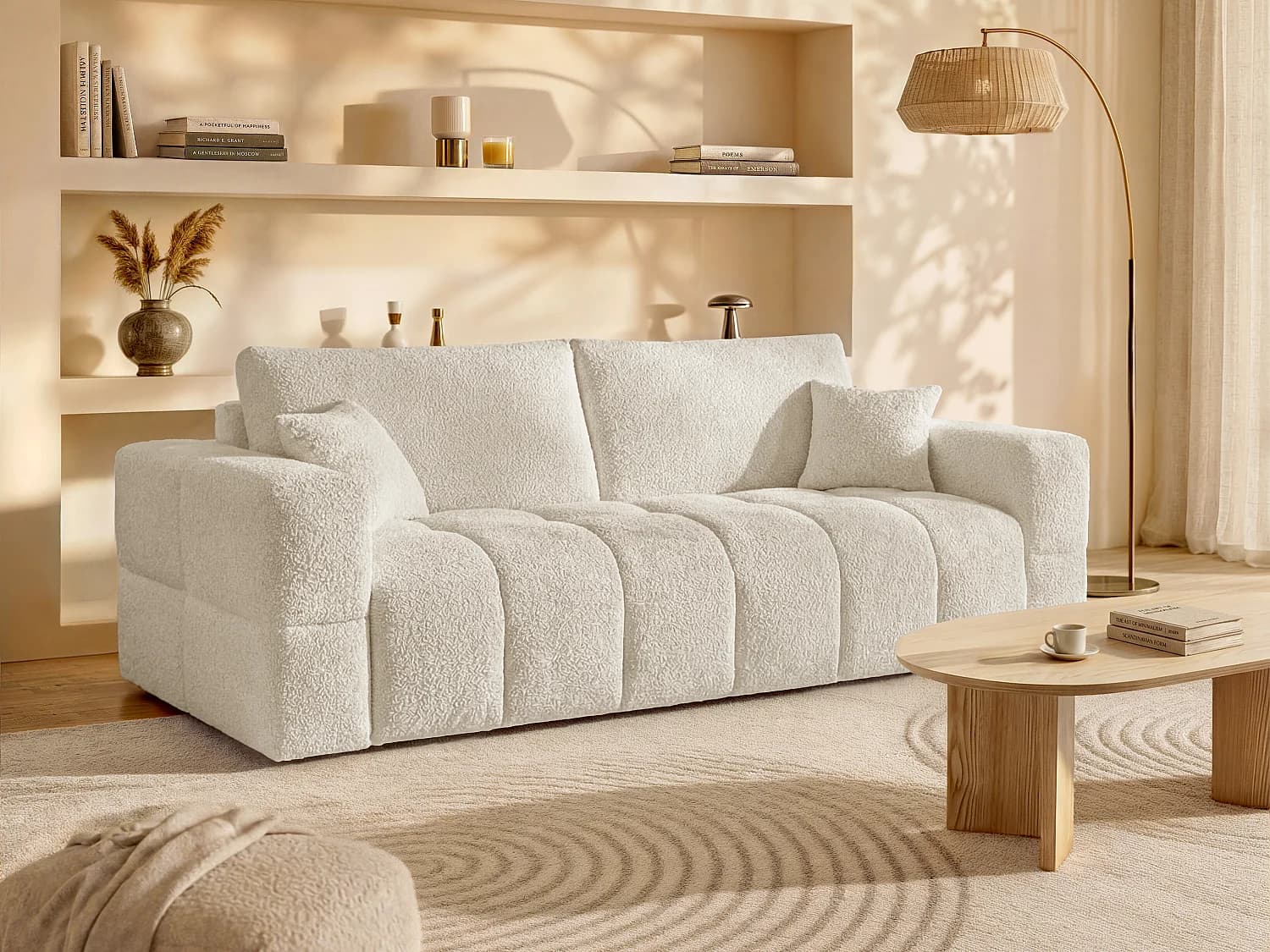 Canapé 4 places convertible express en tissu bouclette beige - Couchage 160 cm - Matelas 20 cm ISSORO