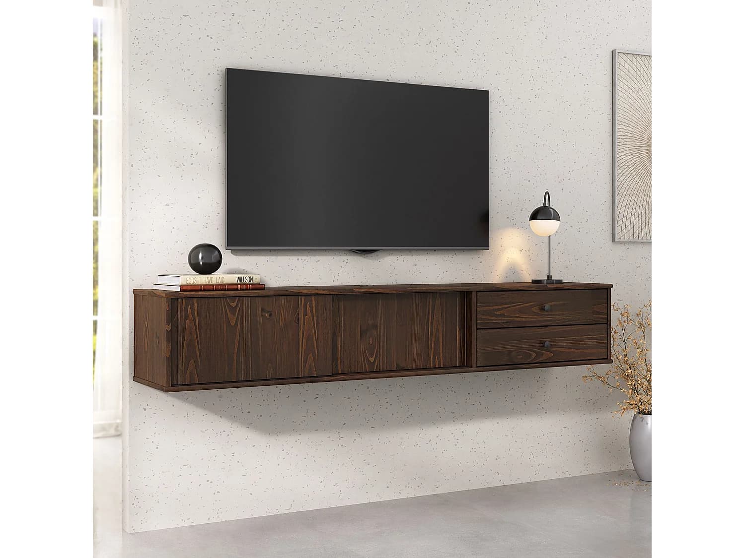 Meuble TV Suspendu SIMONA, 2 Portes 2 Tiroirs, 175 cm, Couleur Noyer, En Pin Massif, Style Naturel et Chaleureux