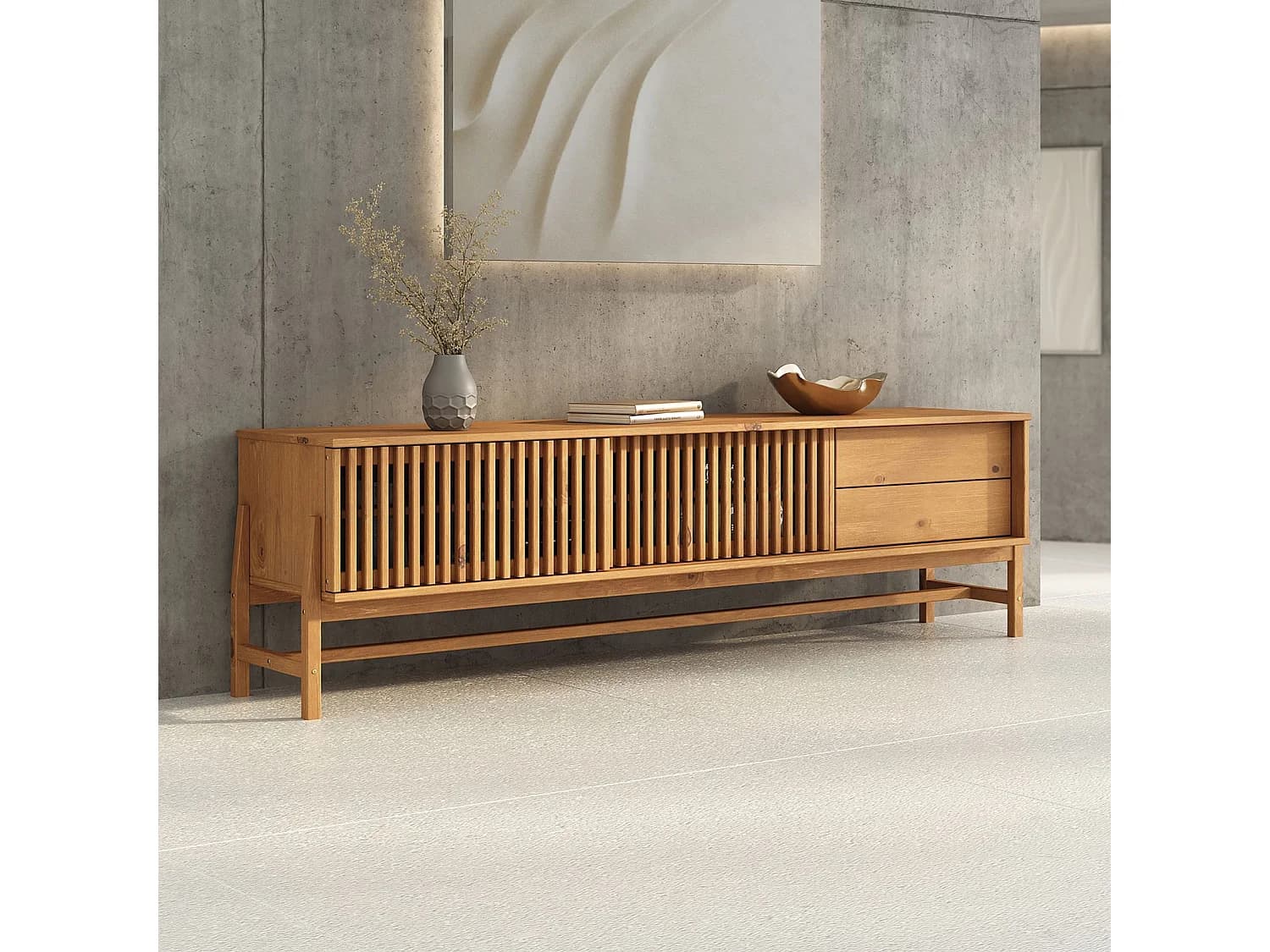 Meuble TV ADAMO L 180 cm en Bois Massif Couleur Chêne avec 2 Portes Coulissantes, 2 Tiroirs, Pour TV jusqu'à 203 cm (80")