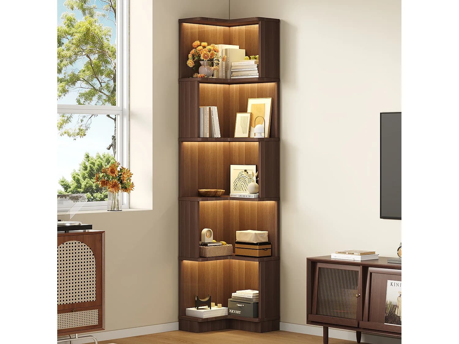 Bibliothèque d'angle moderne - 63.5 x 45 x 175 cm - avec Leds + 5 niveaux de rangement - MDF - marron