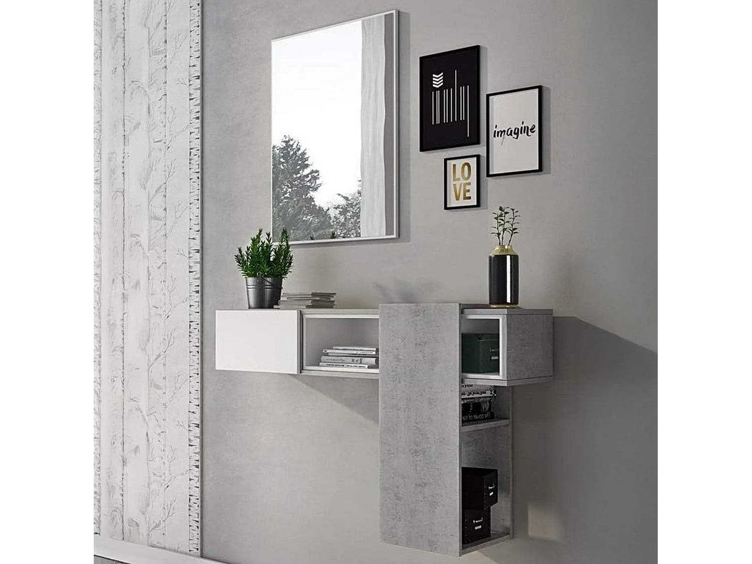 Meuble d'entrée Limbadi, miroir inclus, 100x31x75h cm gris ciment, une étagère, porte-manteau