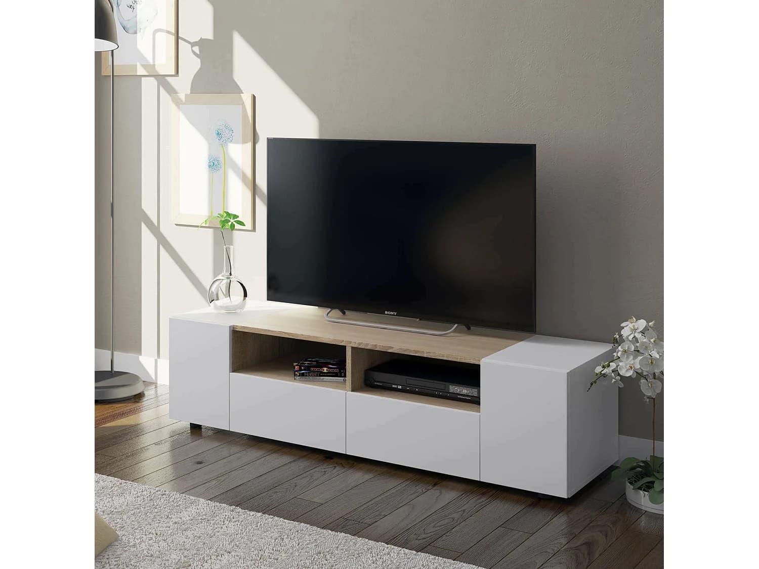 Meuble TV Dmolino, Buffet télévision de salon, Meuble TV moderne, Buffet bas polyvalent, 138x42h36 cm, Blanc et Chêne