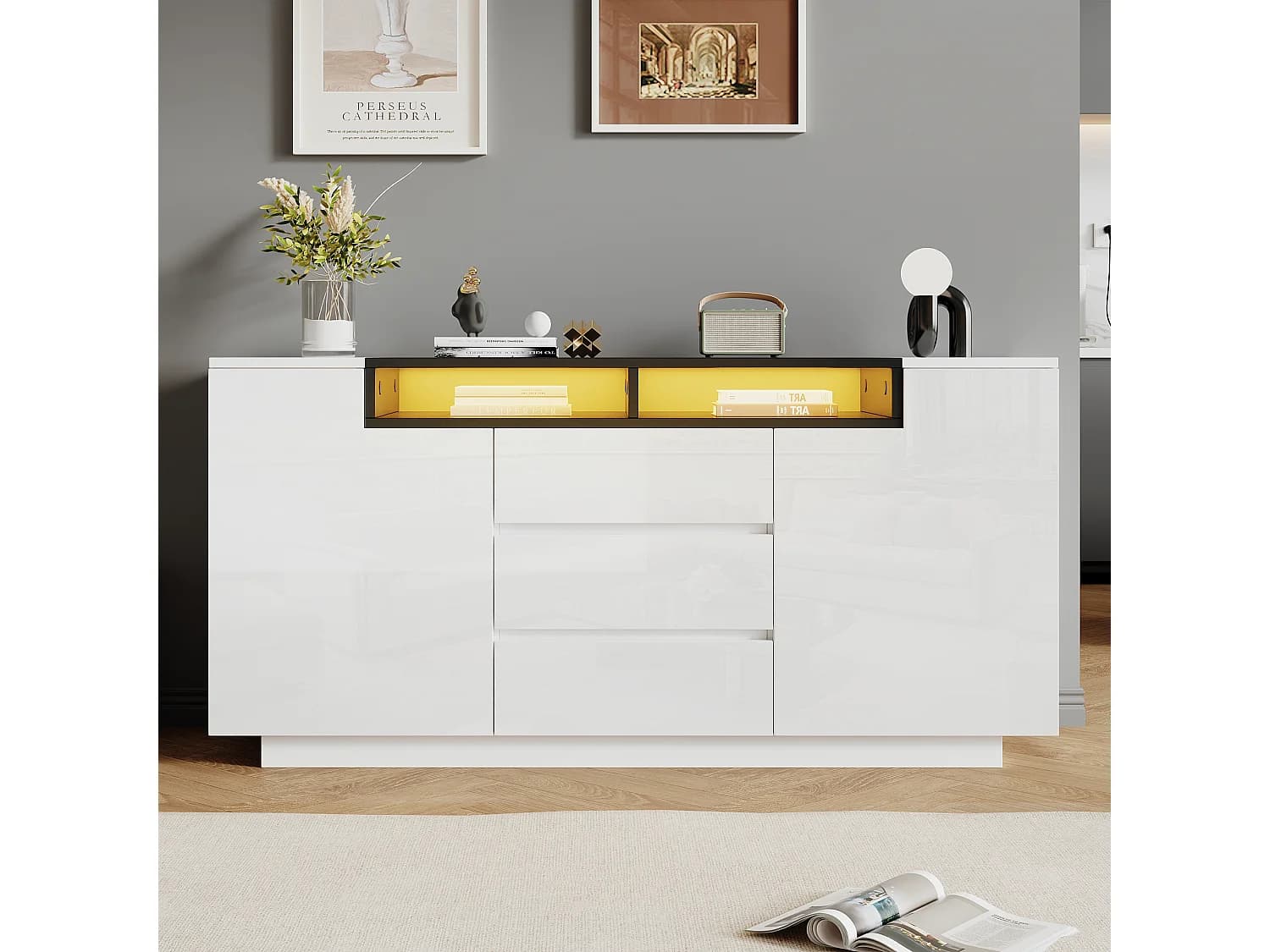 Buffet laqué brillant avec LED, 2 portes en L et 3 tiroirs - Blanc et noir