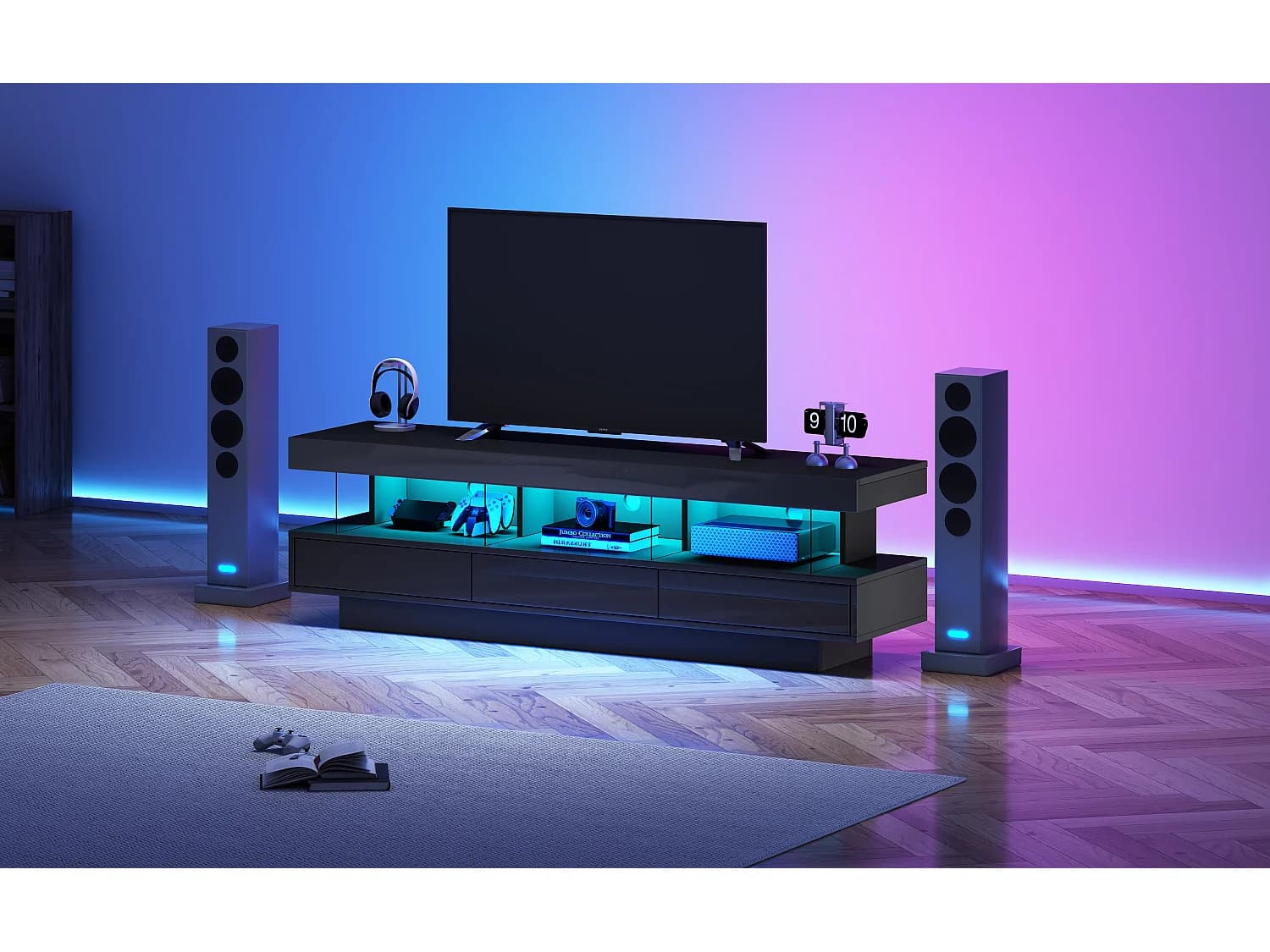 Meuble TV avec LED ,3 tiroirs et 3 cloison vitrée - Noir laqué brillant