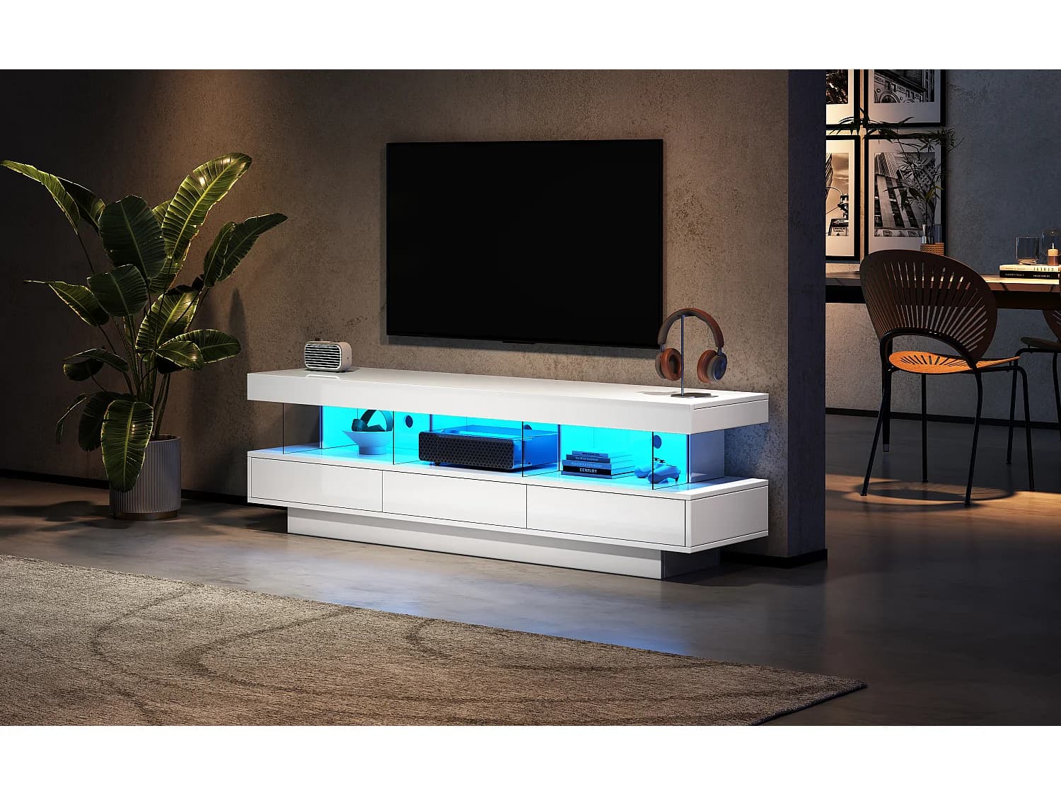 Meuble TV avec LED ,3 tiroirs et 3 cloison vitrée - Blanc laqué brillant