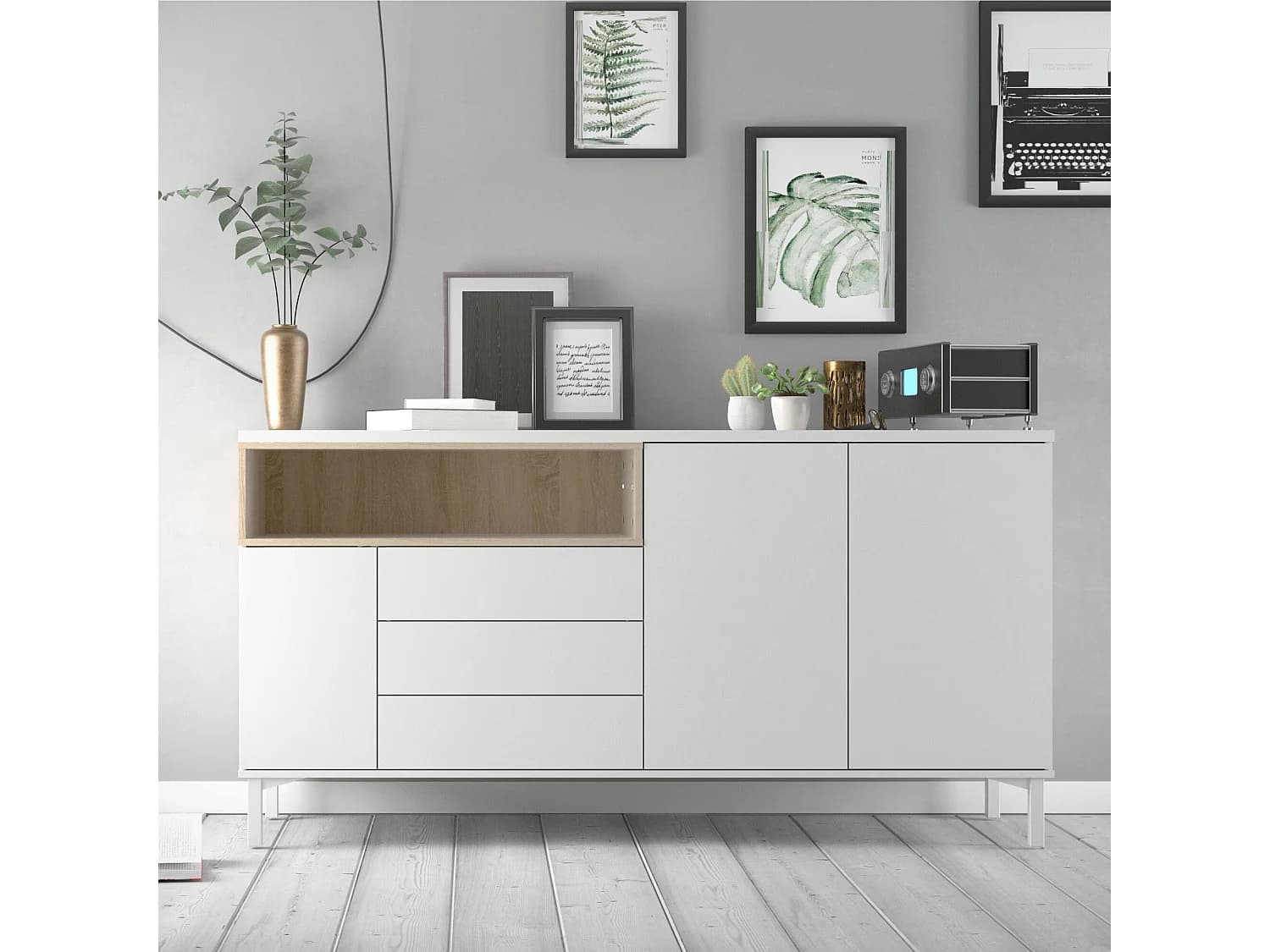 Buffet Dsardin, Buffet du salon, Commode de salon, Garde-manger de cuisine, 176x48 h90 cm, Blanc et chêne