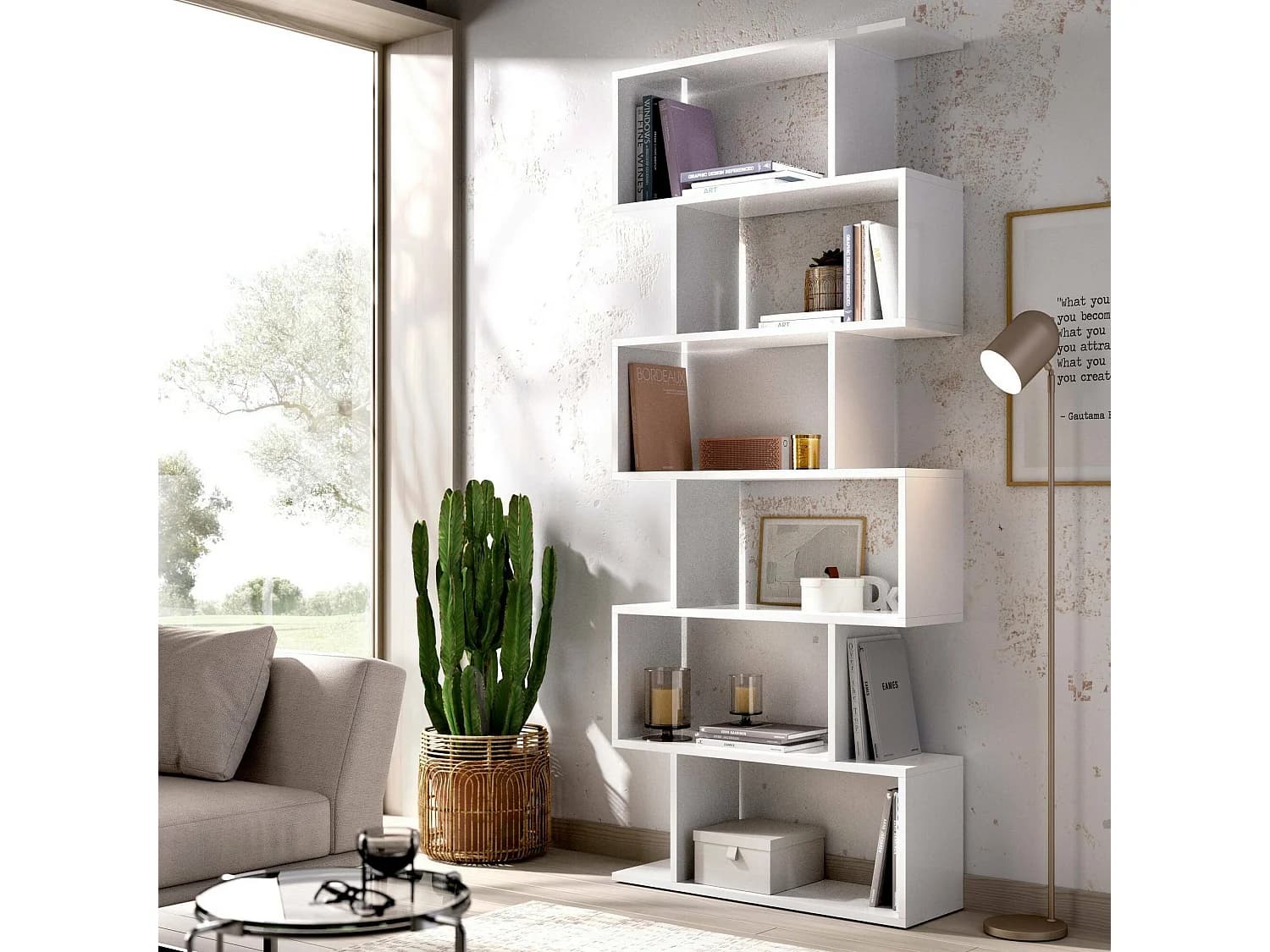 Bibliothèque Djorone, Etagère de bureau polyvalente, Bibliothèque avec 5 étagères, 80x25h190 cm, Blanc