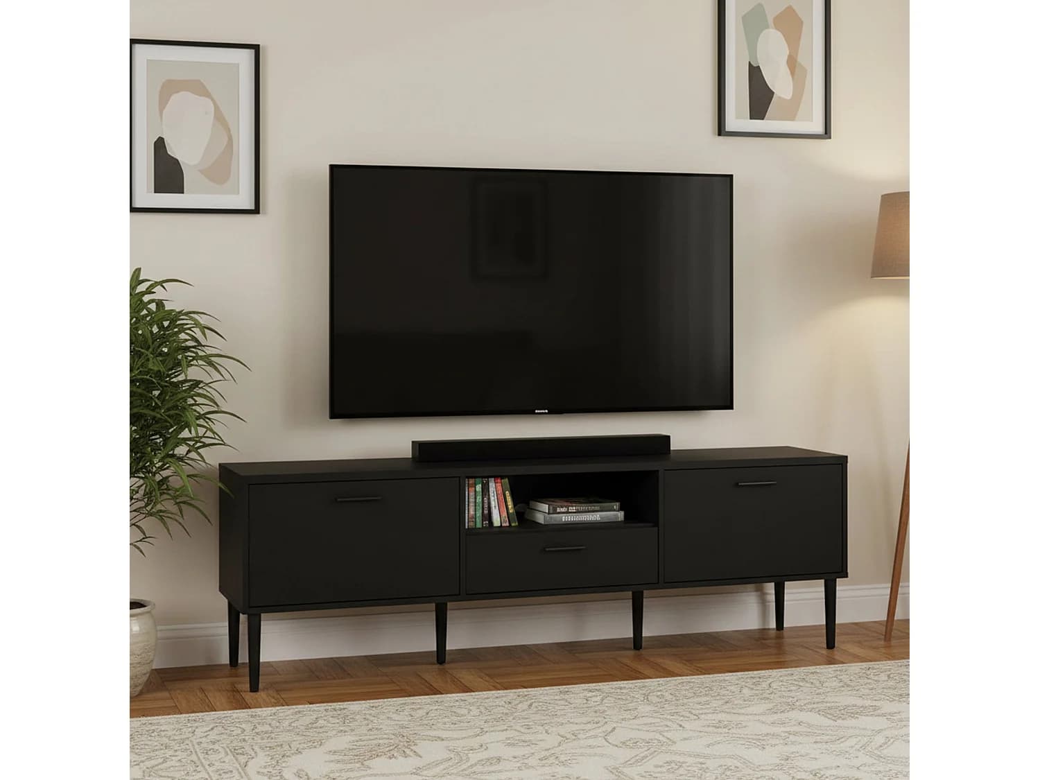 Meuble TV Dtisc, Buffet de salon, Armoire basse pour TV, Base murale de rangement, 177x40 h57 cm, Noir