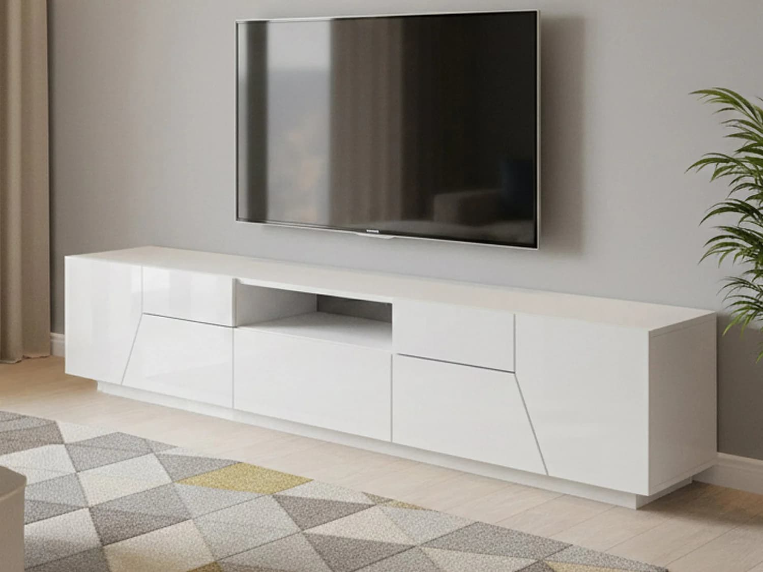 Meuble TV Dfilipp, Buffet bas de salon, Base pour meuble TV, 100% Made in Italy, 220x43h46 cm, Blanc brillant