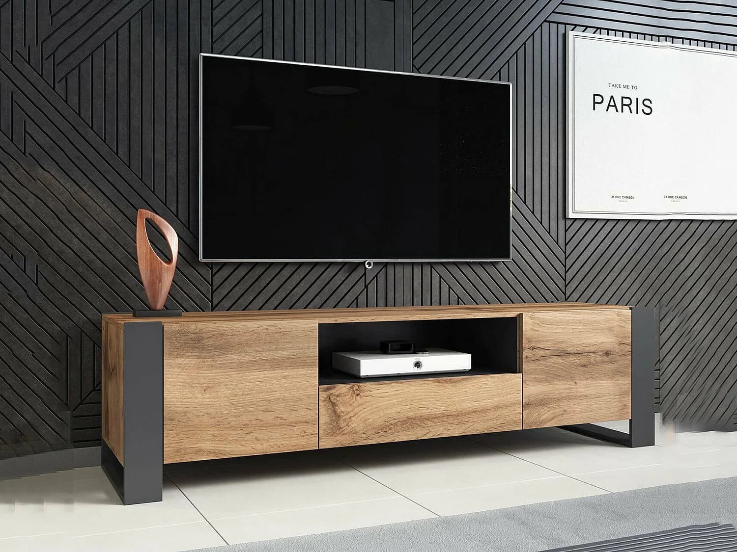 Meuble TV Sines, 3 étagères, 44x180x48h cm Chêne Nodé Marron