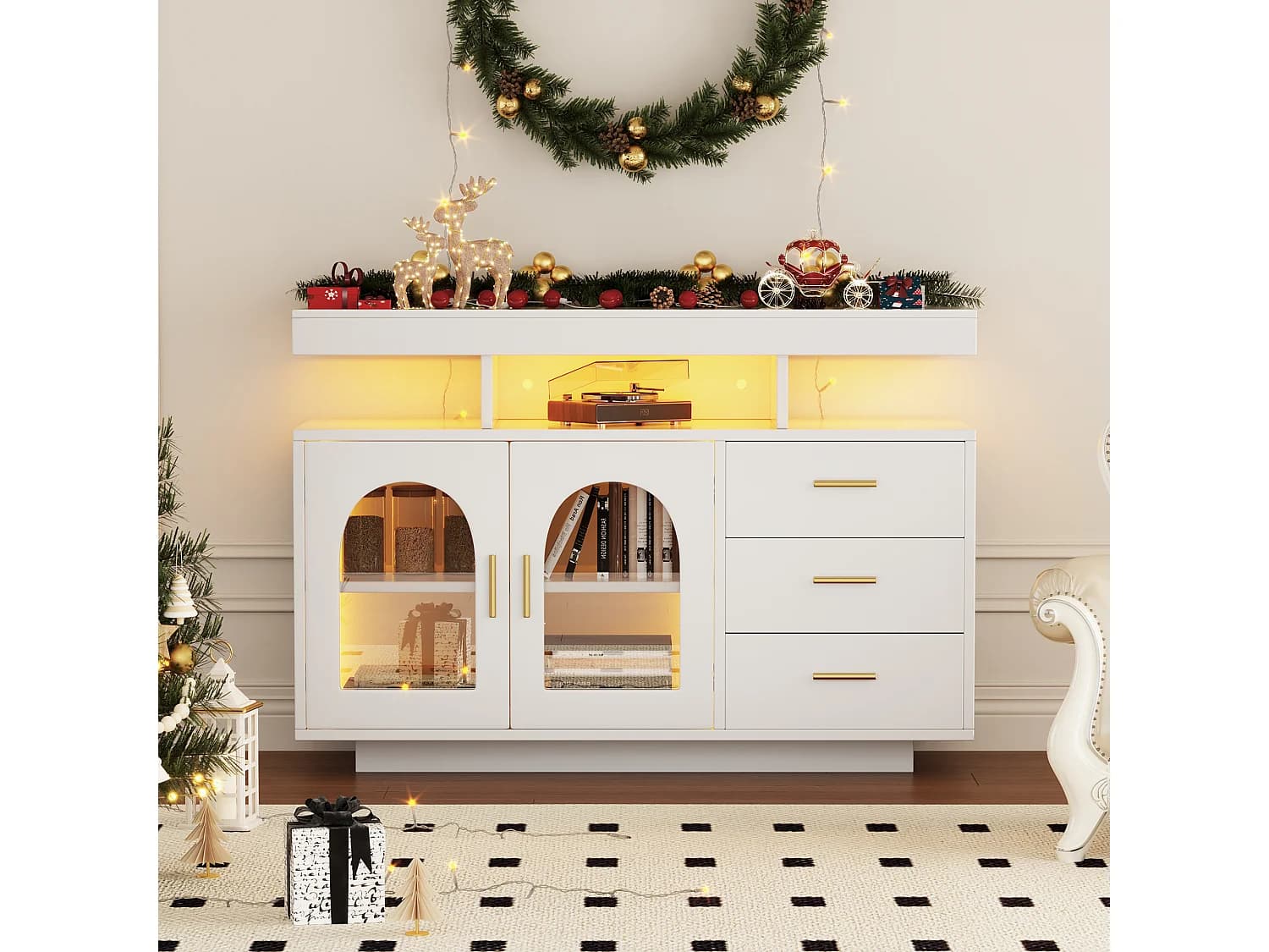 Buffet avec éclairage LED, rangements avec tiroirs, panneau de particules, blanc, (120x40x80cm)