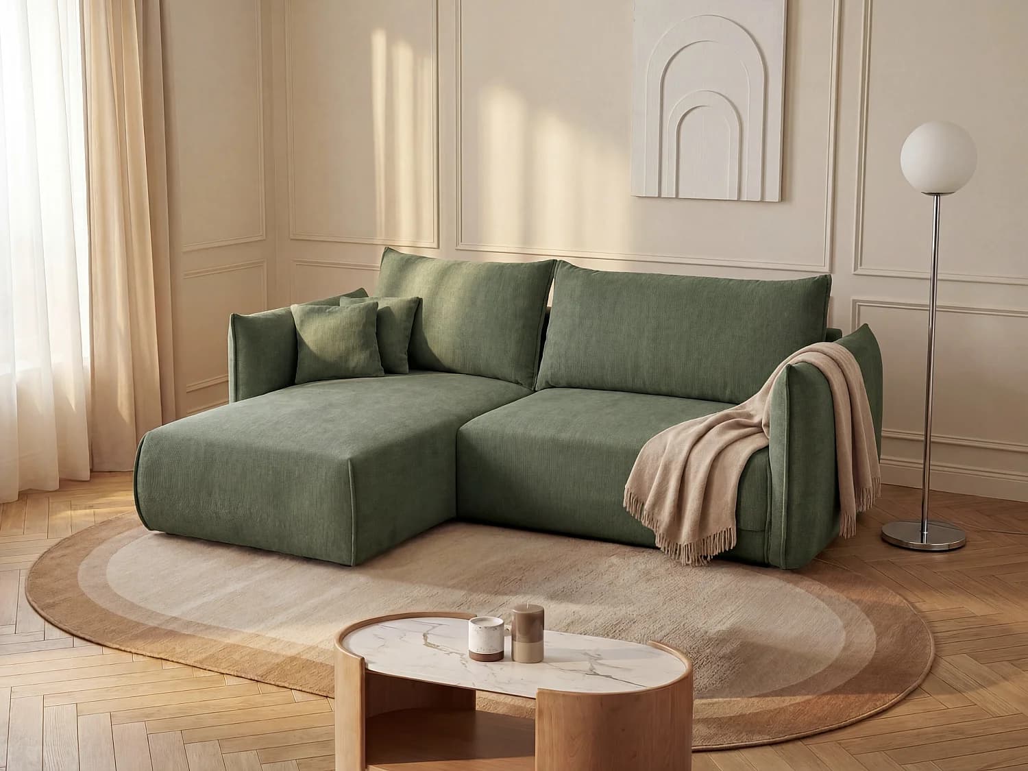 Canapé d'angle gauche convertible en tissu texturé vert CARISU