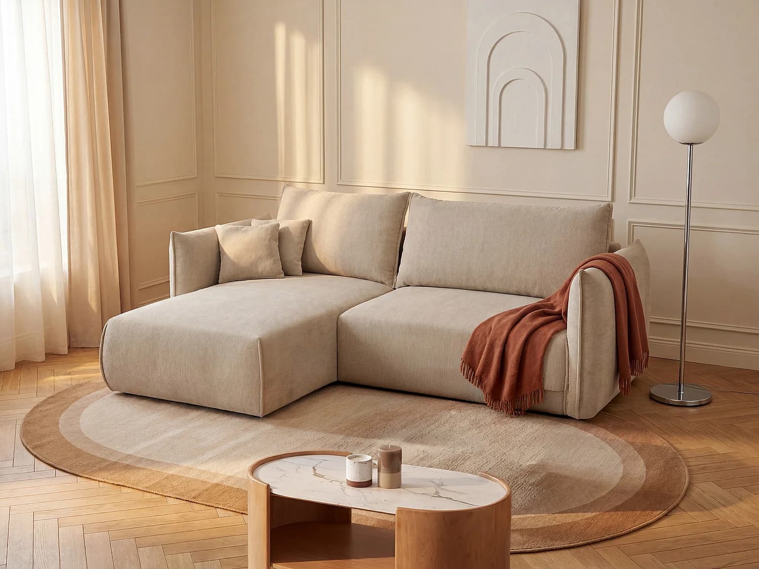 Canapé d'angle gauche convertible en tissu texturé beige CARISU