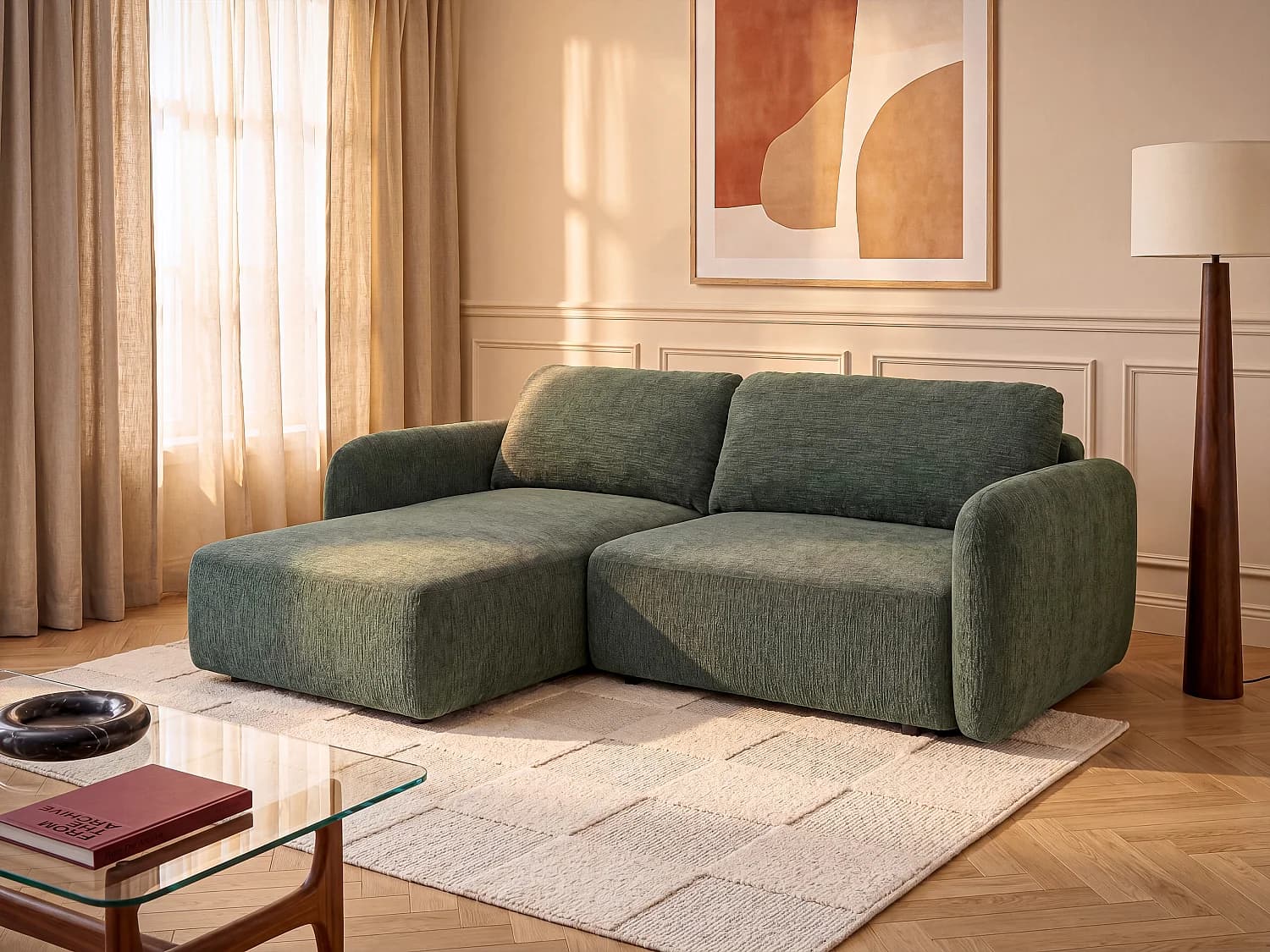 Canapé d'angle gauche convertible en tissu chenille vert sapin PLUFATI