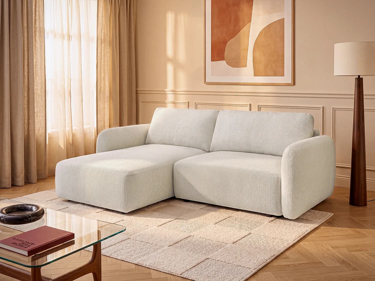 Canapé d'angle gauche convertible en tissu chenille blanc cassé PLUFATI