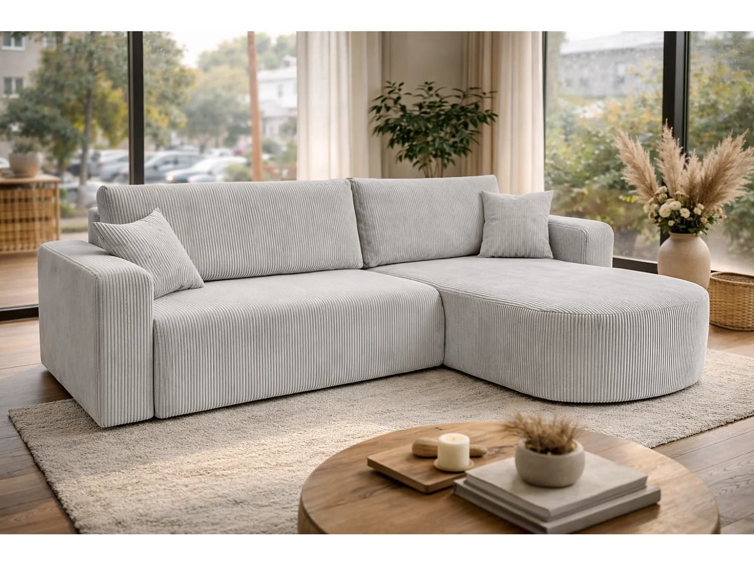 Canapé d'Angle réversible convertible avec fonction de couchage coffre universel en velours côtelé gris clair Kimo XL