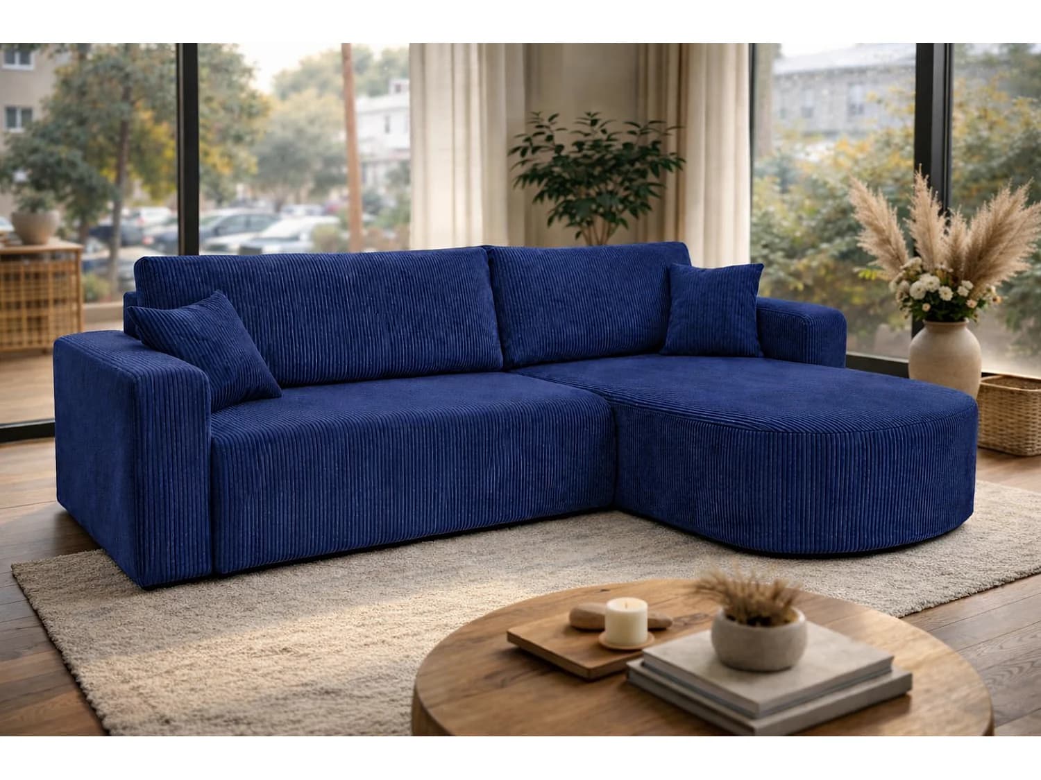 Canapé d'Angle réversible convertible avec fonction de couchage coffre universel en velours côtelé gris Kimo XL
