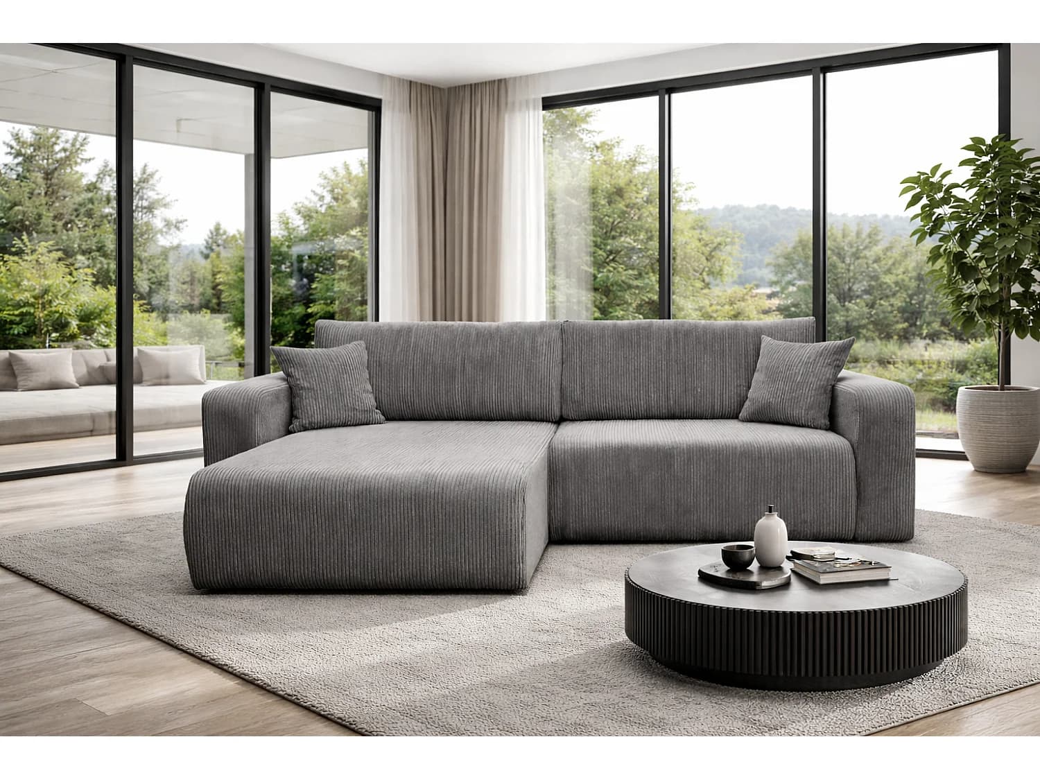 Canapé d'Angle réversible convertible avec fonction de couchage coffre universel en velours côtelé gris Flora L