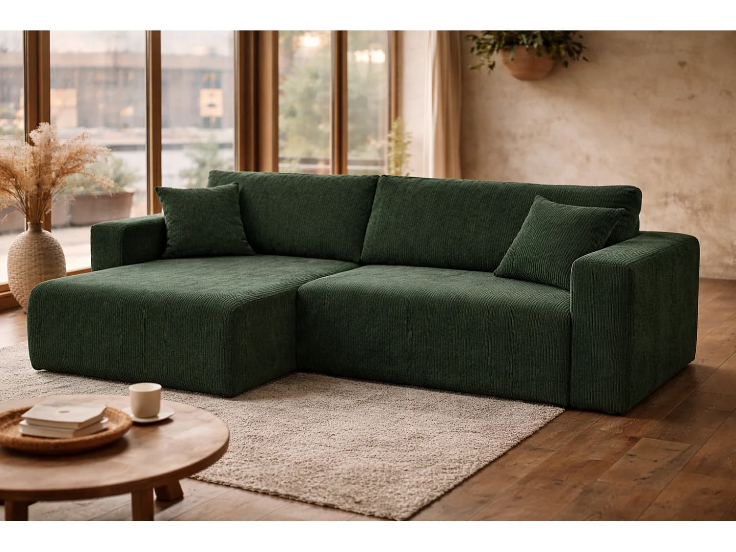 Canapé d'Angle réversible convertible avec fonction de couchage coffre universel en velours côtelé vert bouteille Flora L