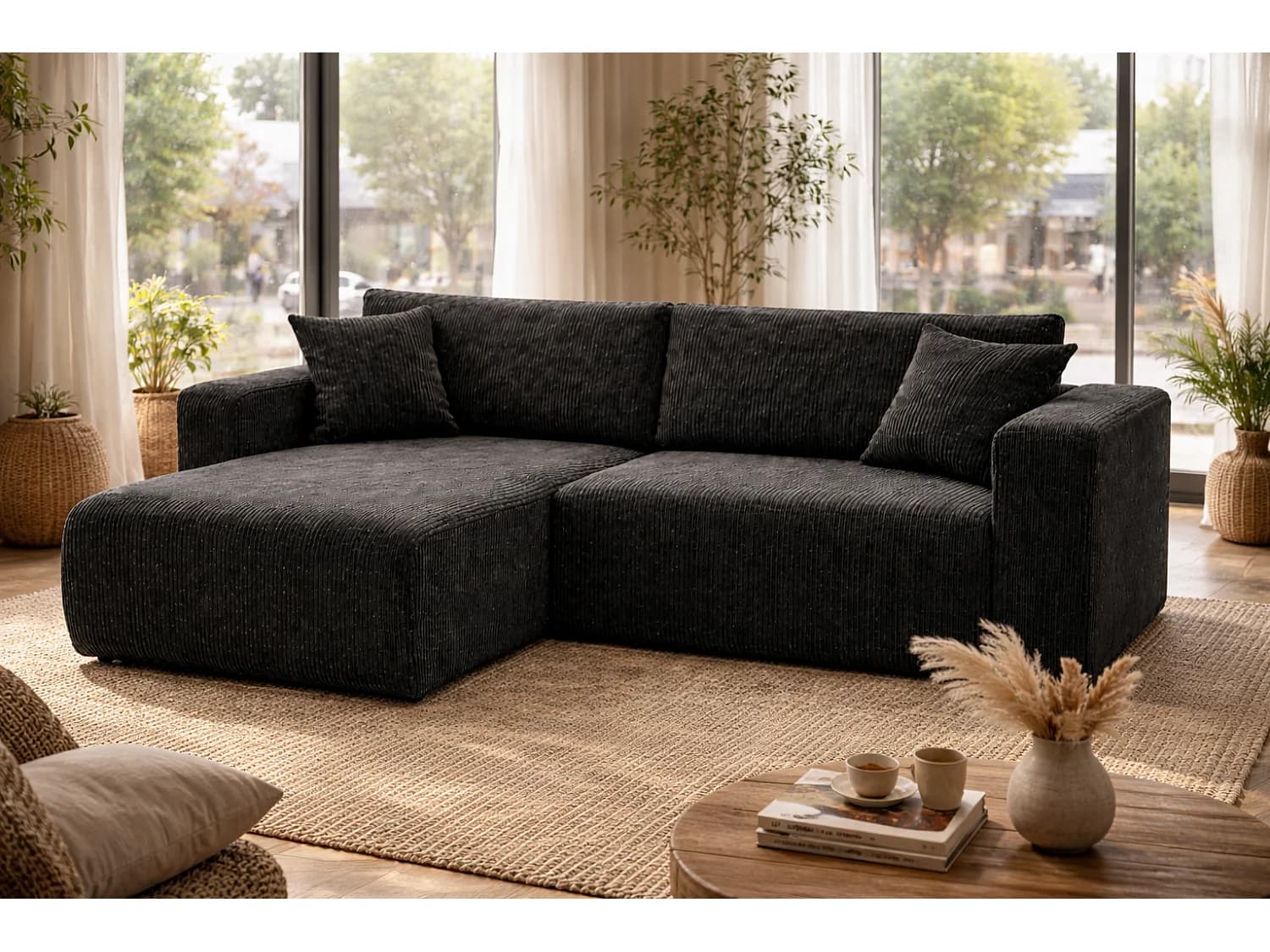 Canapé d'Angle réversible convertible avec fonction de couchage coffre universel en velours côtelé noir Flora L