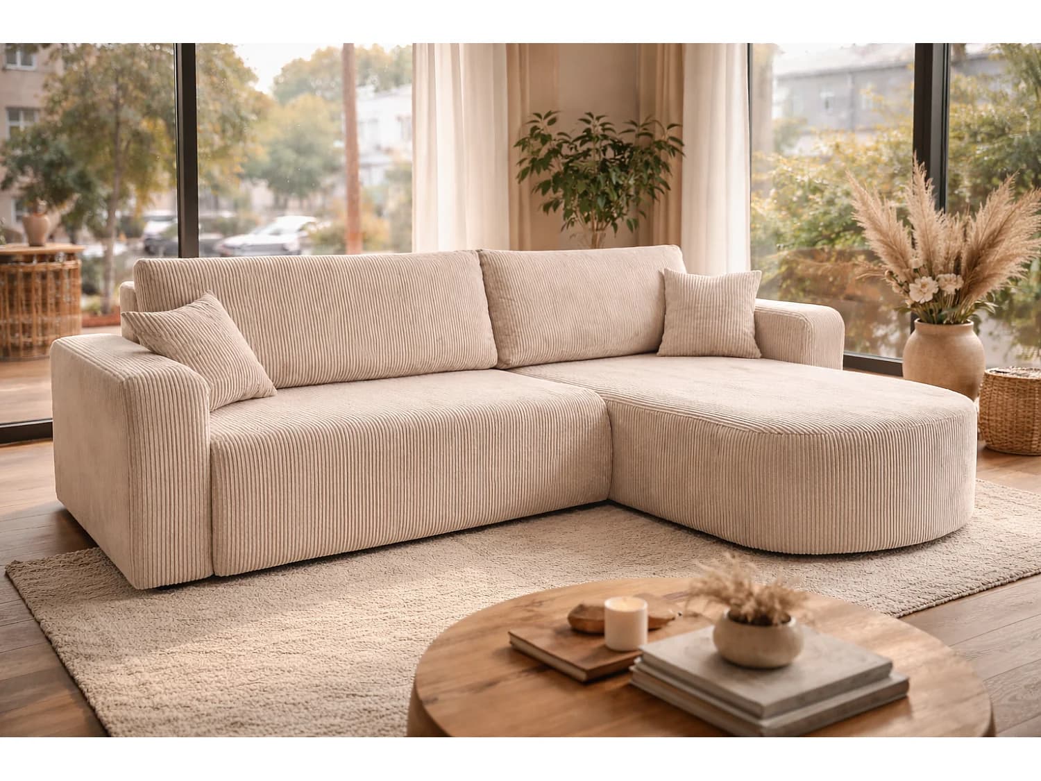Canapé d'Angle réversible convertible avec fonction de couchage coffre universel en velours côtelé beige Kimo XL