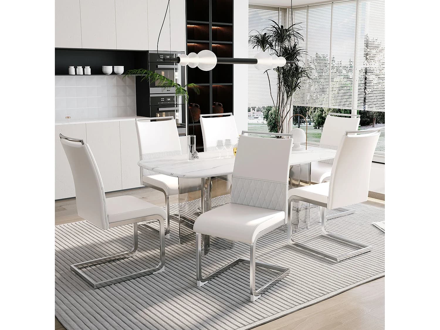 Lot de 6 chaises avec dossiers en similicuir et lin - Pieds en métal - Blanc