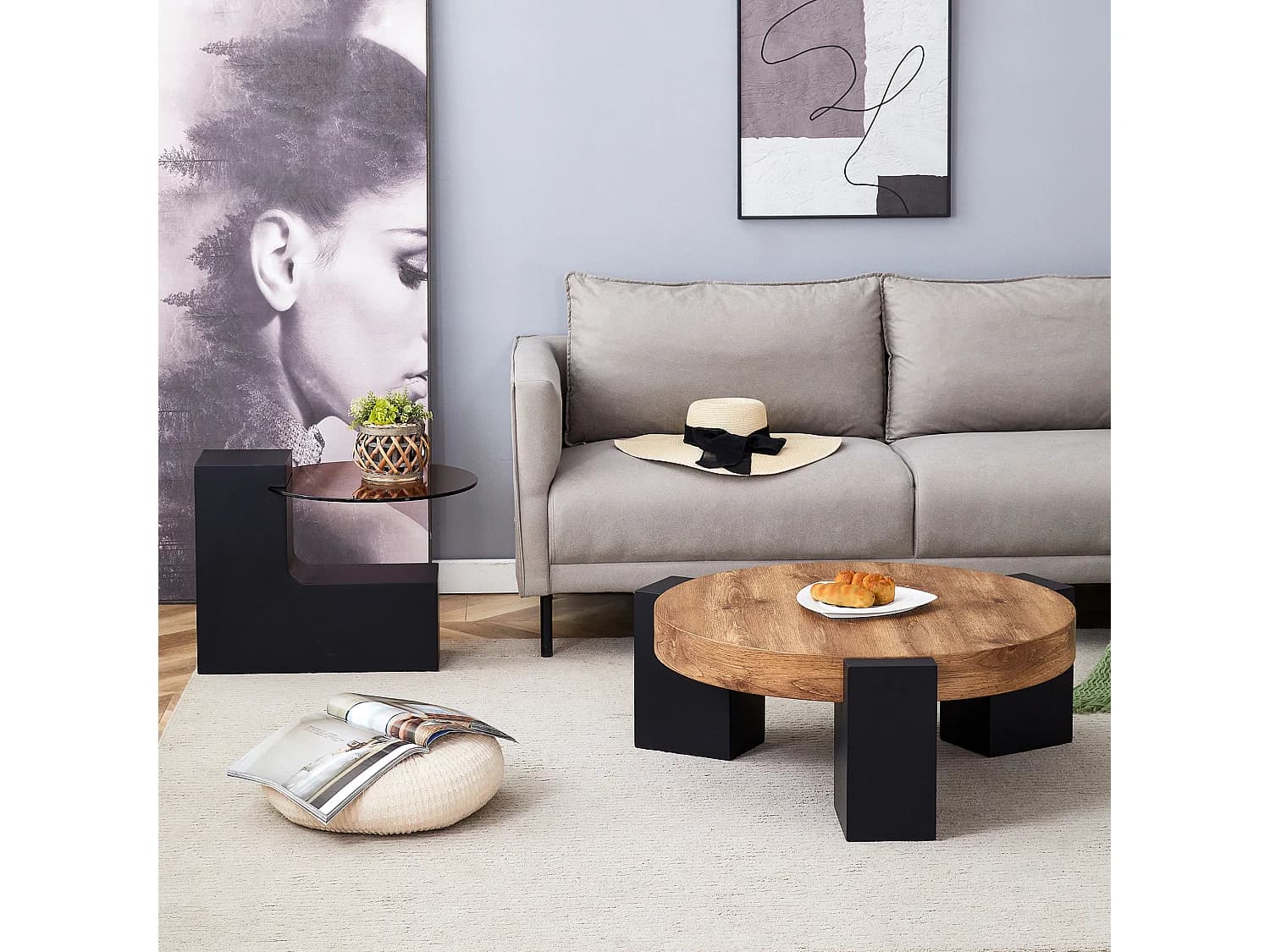 Lot de 2 table basse - Table ronde woodgrain - Bois en MDF +verre - Couleur bois et noir