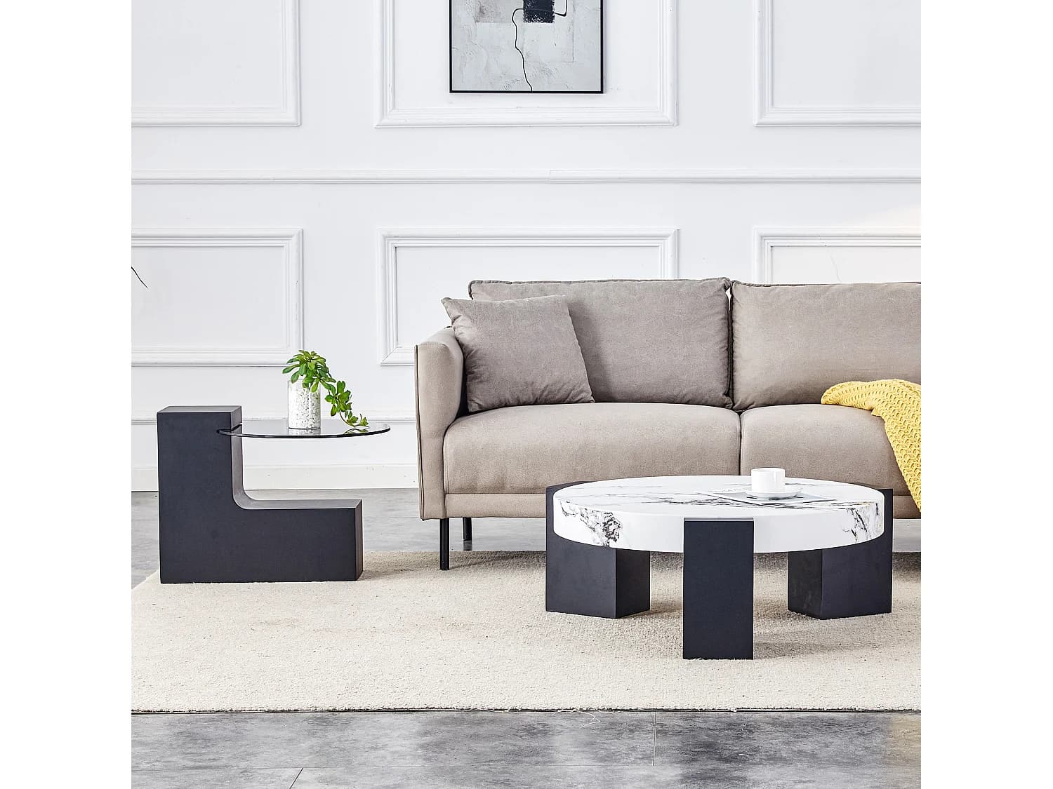 Lot de 2 table basse - Table ronde effet marbre - Bois en MDF +verre - Blanc et noir