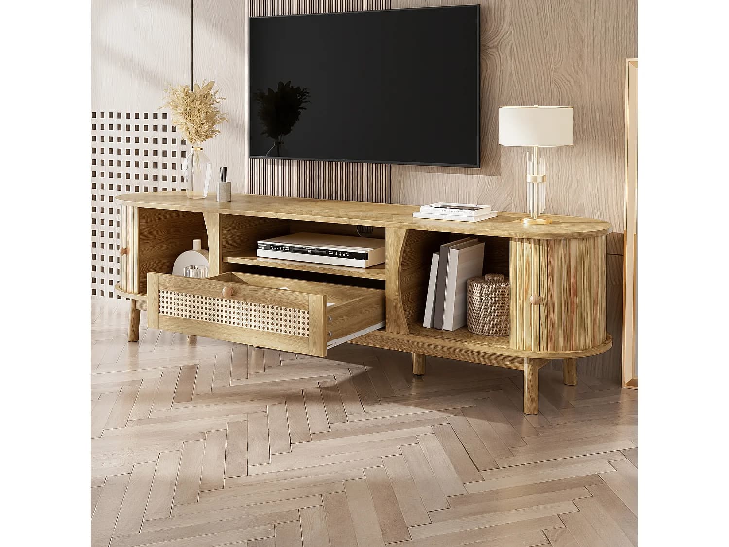 Meuble TV avec 2 portes et tiroir 165x37x46 cm - Naturel clair